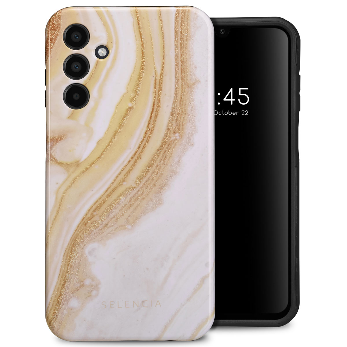 Telefoonhoesje met een marmerpatroon. De hoes heeft een wit en goud patroon. De telefoon is zwart.