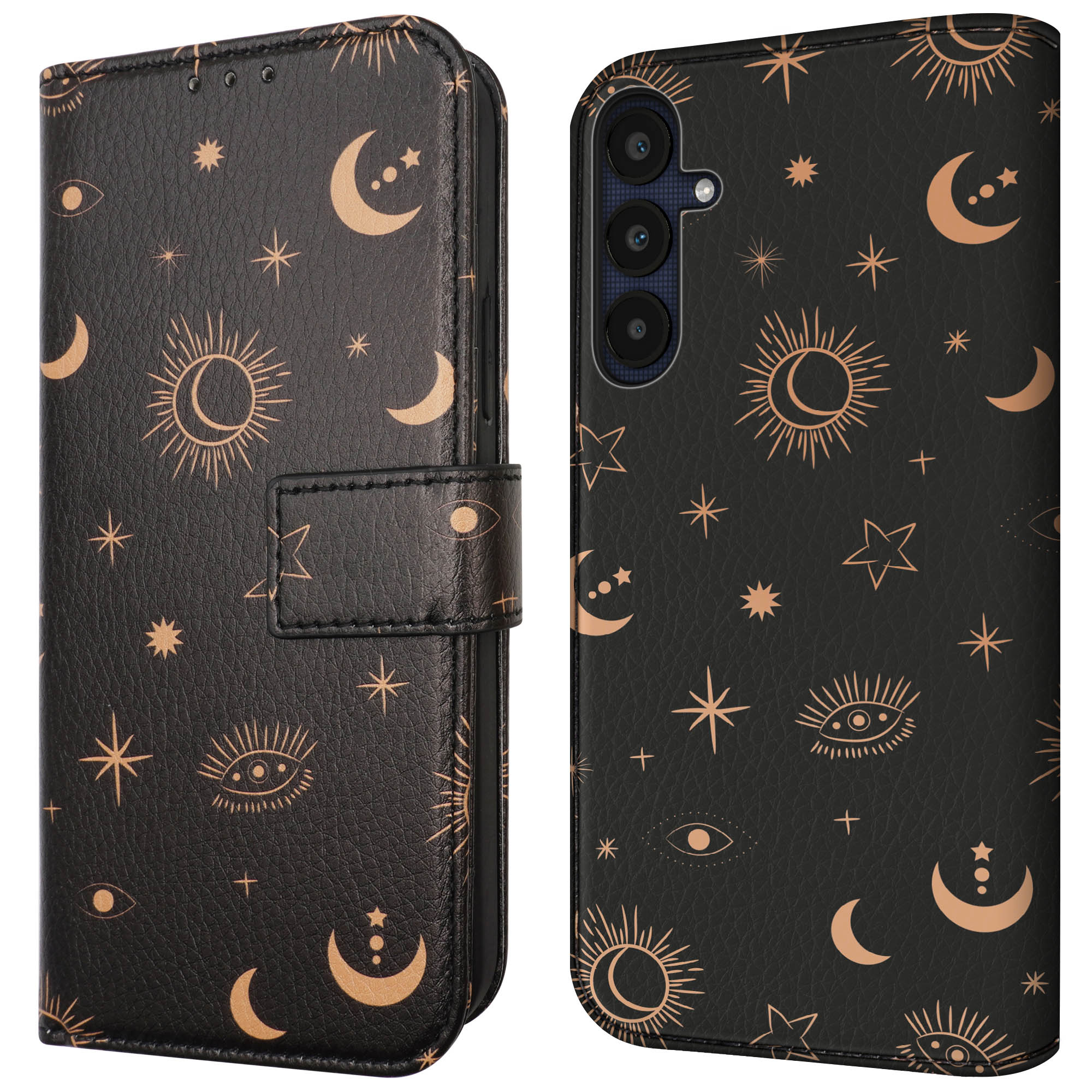 Zwarte telefoonhoes met gouden hemelpatronen. Bevat maan, zon en sterren. Opvouwbaar ontwerp.