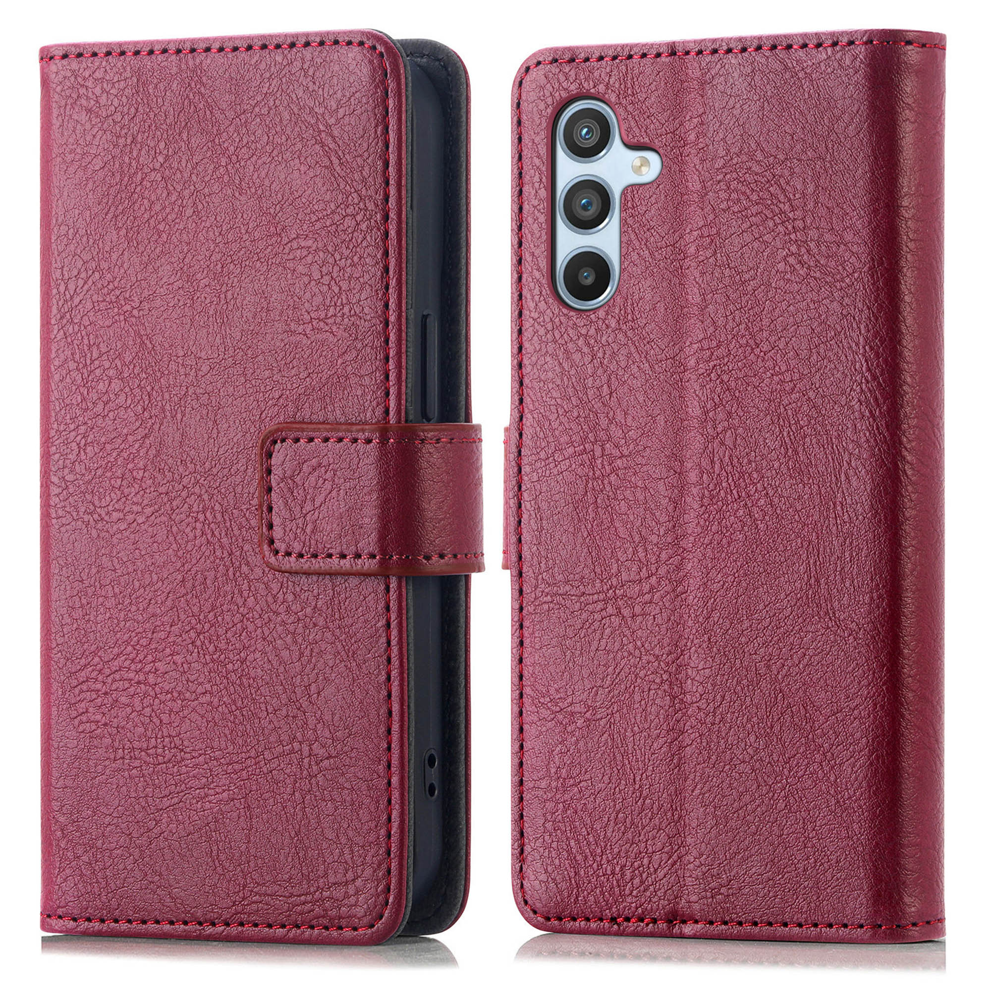Rode leren telefoonhoes, open. Toont de binnenkant met een telefoon. Knopsluiting.