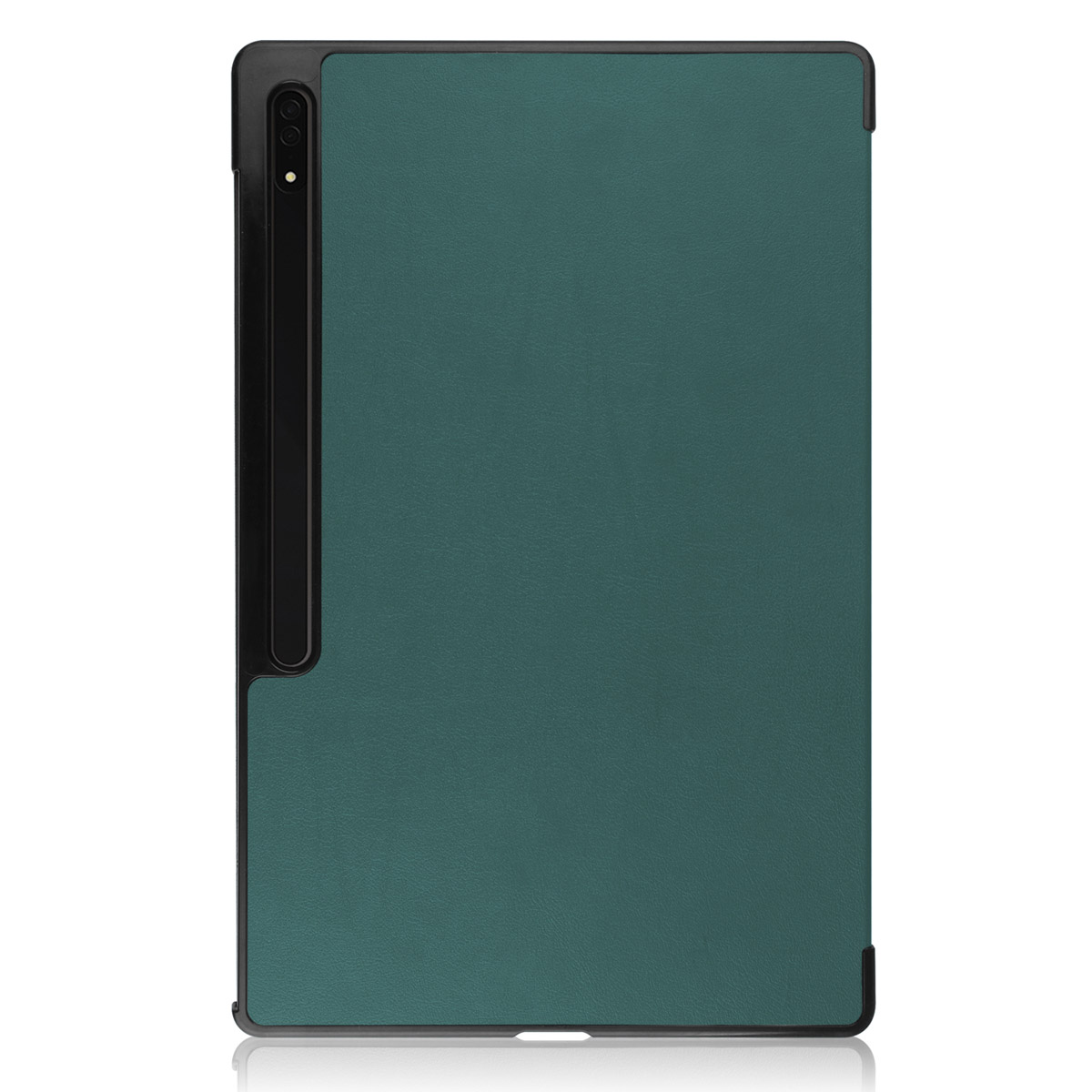 Étui pour tablette vert avec bord noir. Stylet sur le côté. La tablette est dans l'étui.