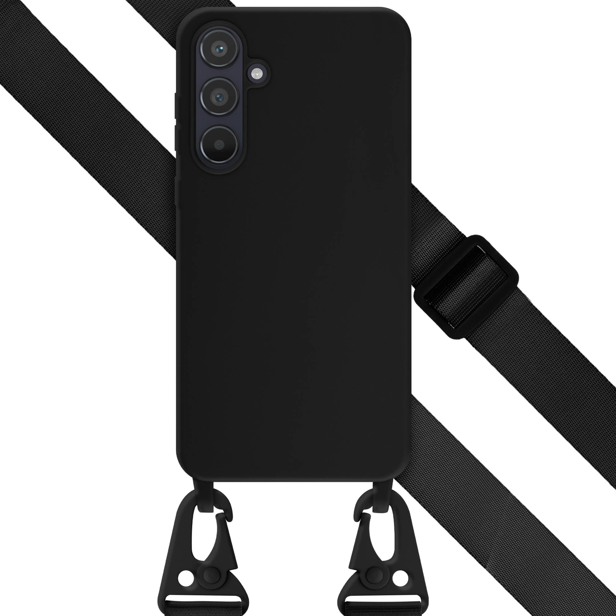 Zwarte telefoonhoes met band. De hoes heeft een camera. De band is zwart en aan de hoes bevestigd.