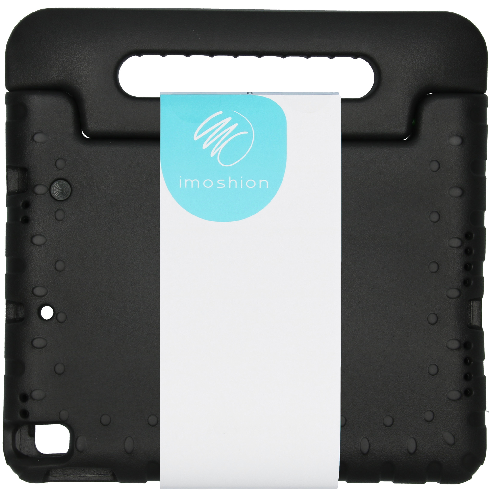 Zwarte iPad-hoes met handvat. Een wit label aan de voorkant met het woord 'imoshion'.
