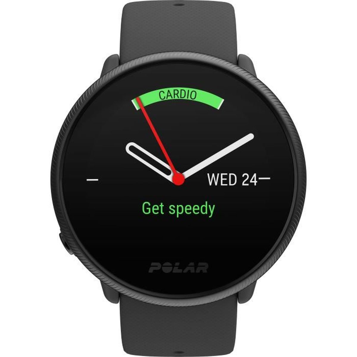 Czarny smartwatch Polar wyświetlający status cardio i datę, wskazujący trening.