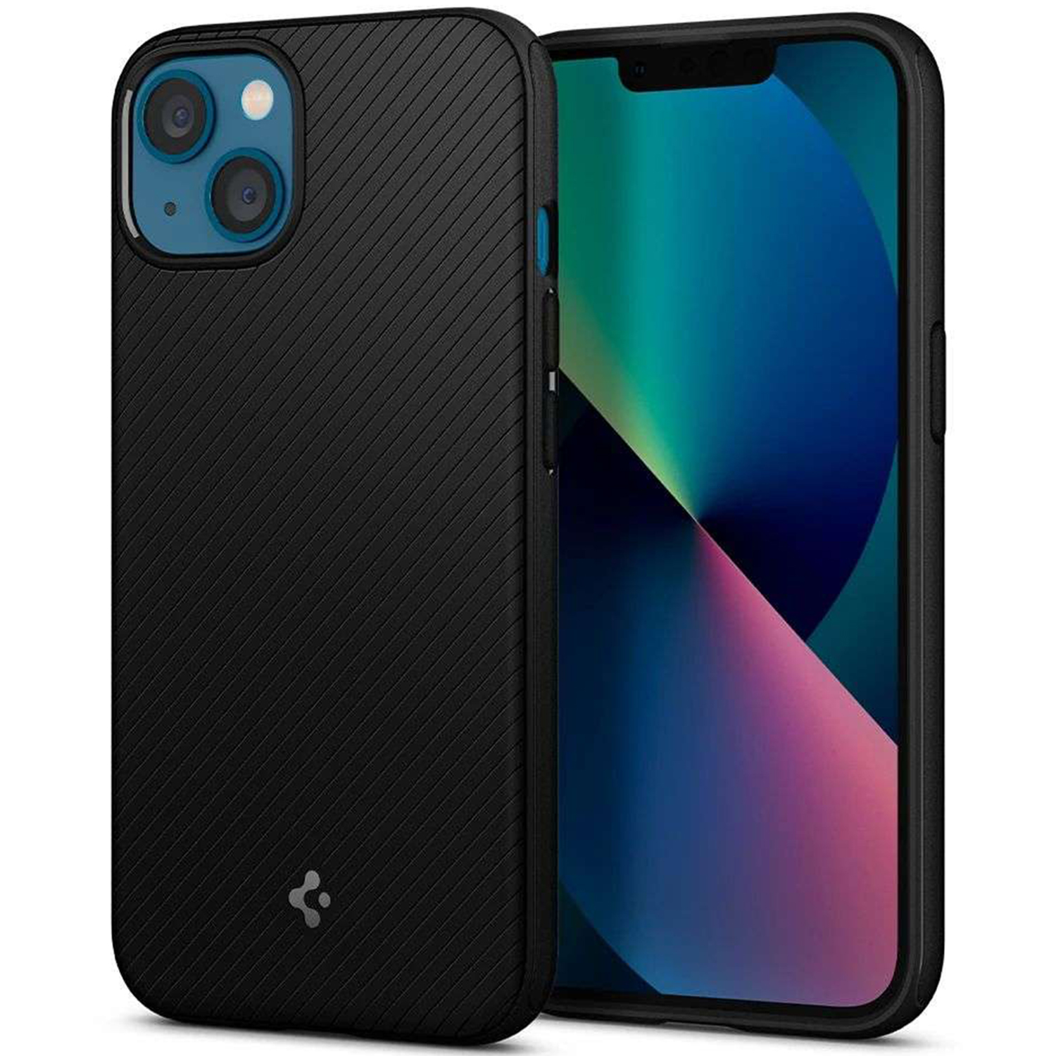 Zwarte telefoonhoes met blauwe camera en knoppen. Diagonale lijnen op de achterkant. Spigen logo.