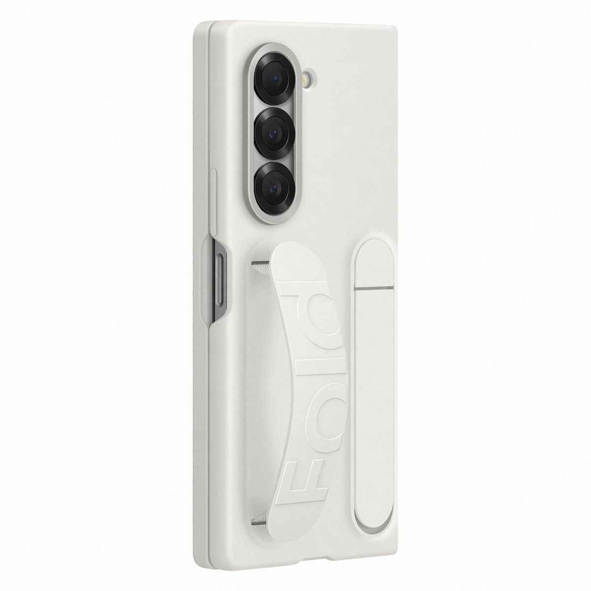 Funda blanca para teléfono con tres cámaras y agarre en la parte trasera.