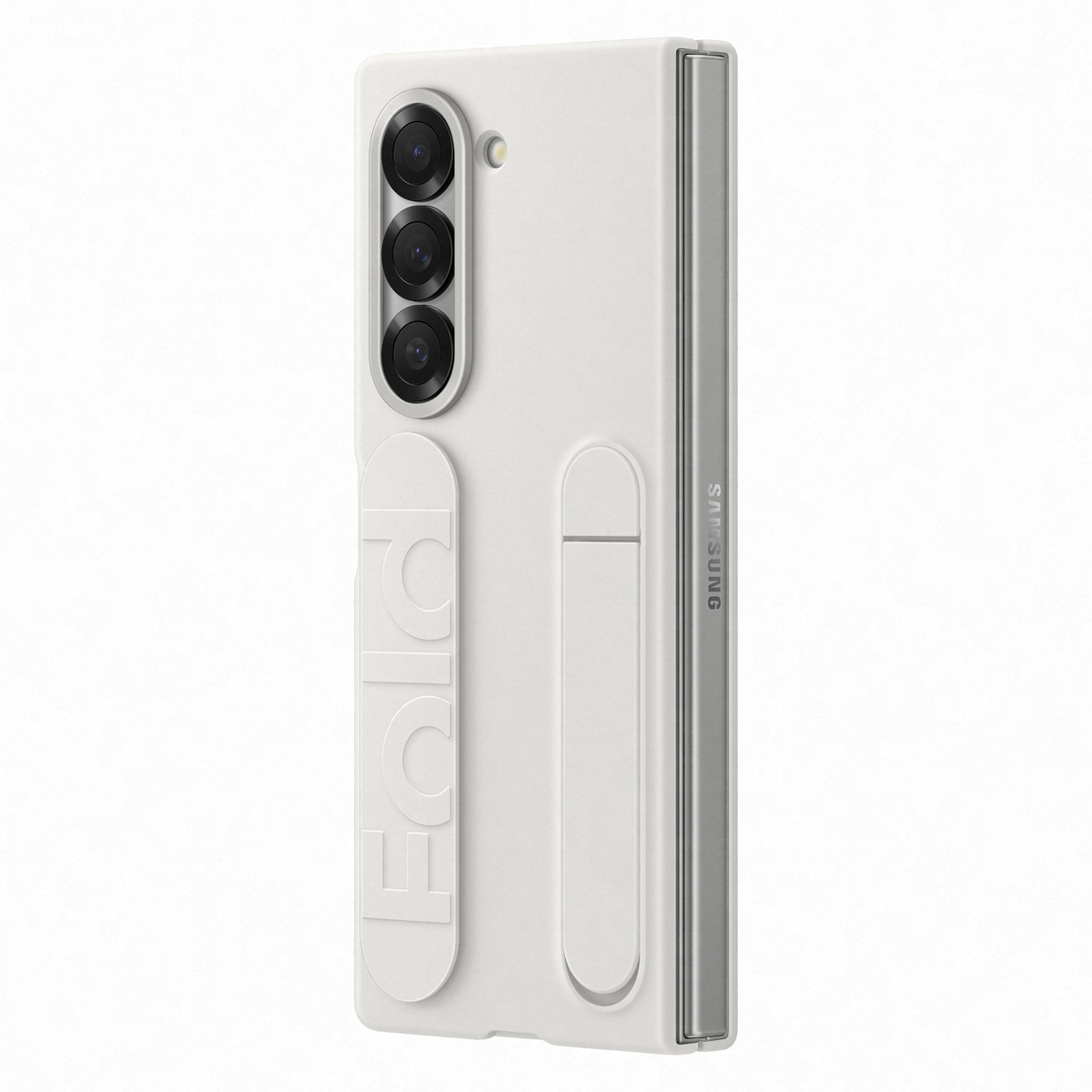 Weißes Handy-Case mit 'FOLD'-Text. Silberne Seitenleiste mit 'SAMSUNG'-Text.