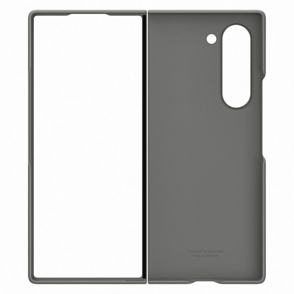 Funda de teléfono gris con un teléfono abierto en el interior. Fondo blanco.