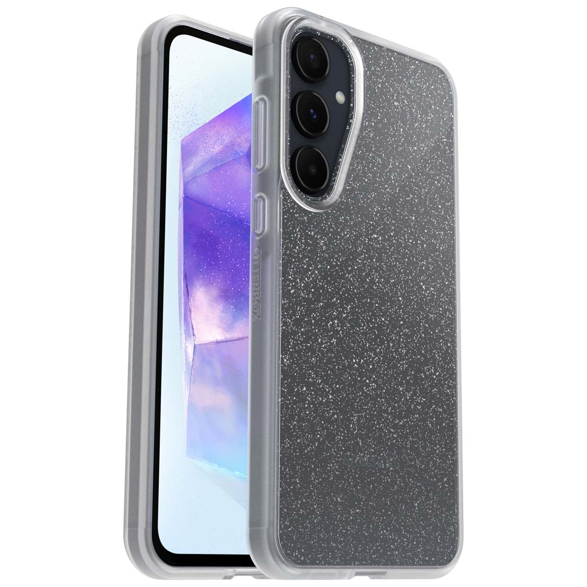 Telefoon in een doorzichtige case met zilveren glitter. De telefoon heeft drie camera's aan de achterkant.