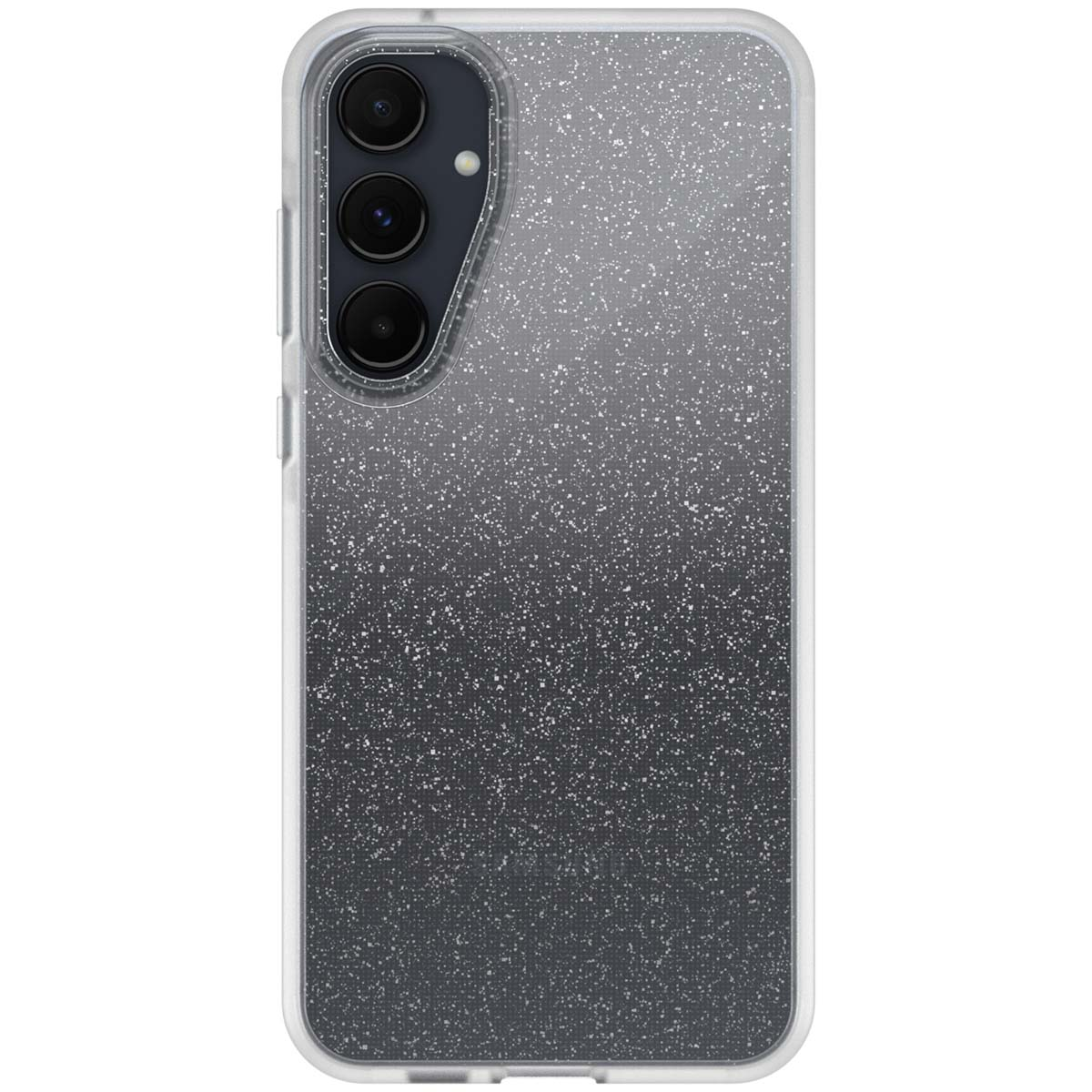 Smartphone dans une coque transparente scintillante avec trois caméras verticales à l'arrière.