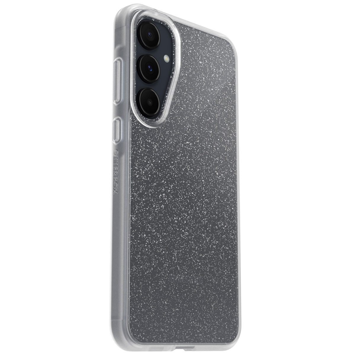 Coque de smartphone transparente avec des paillettes argentées et un triple appareil photo sur fond blanc.