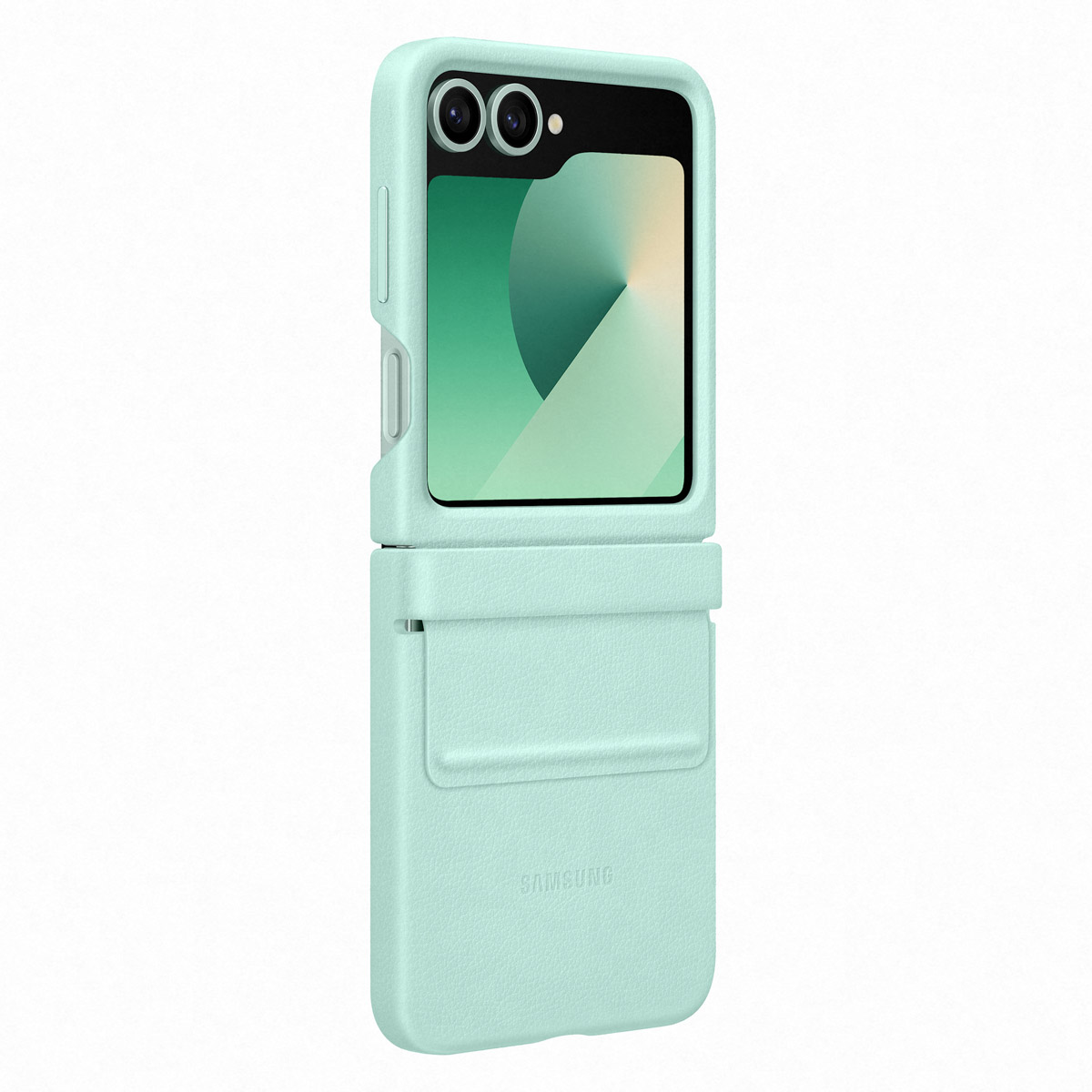 Un teléfono plegable verde claro con dos cámaras y pantalla.