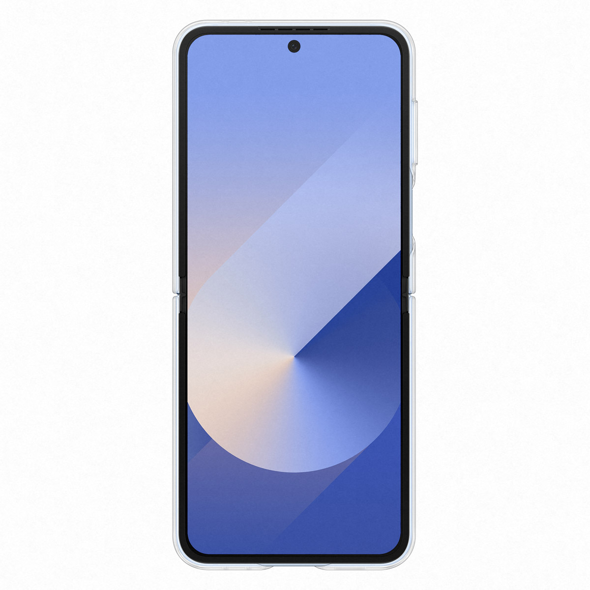 Klapphandy, aufgeklappt, mit einem Bildschirm, der ein Design zeigt. Das Telefon ist in einer transparenten Hülle. Weißer Hintergrund.
