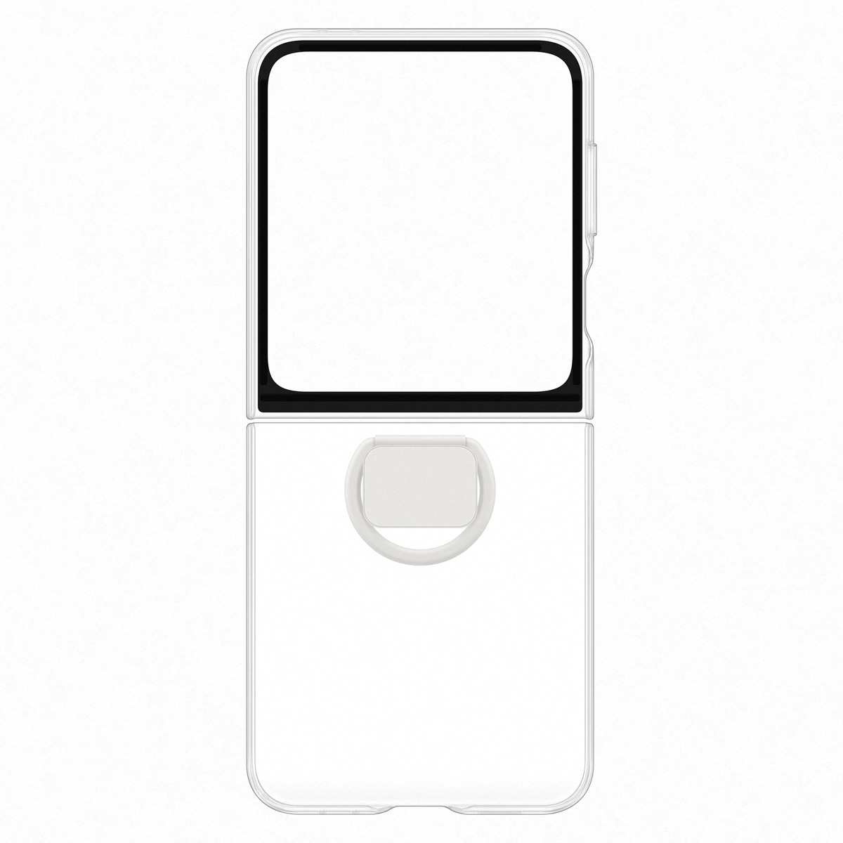 Weiße Klapphandyhülle, aufgeklappt, mit einem Ringhalter. Weißer Hintergrund.