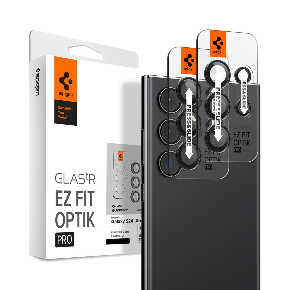 Ochrona obiektywu aparatu i telefon. Opakowanie pokazuje markę Spigen i nazwę produktu Glas. Czarny telefon.