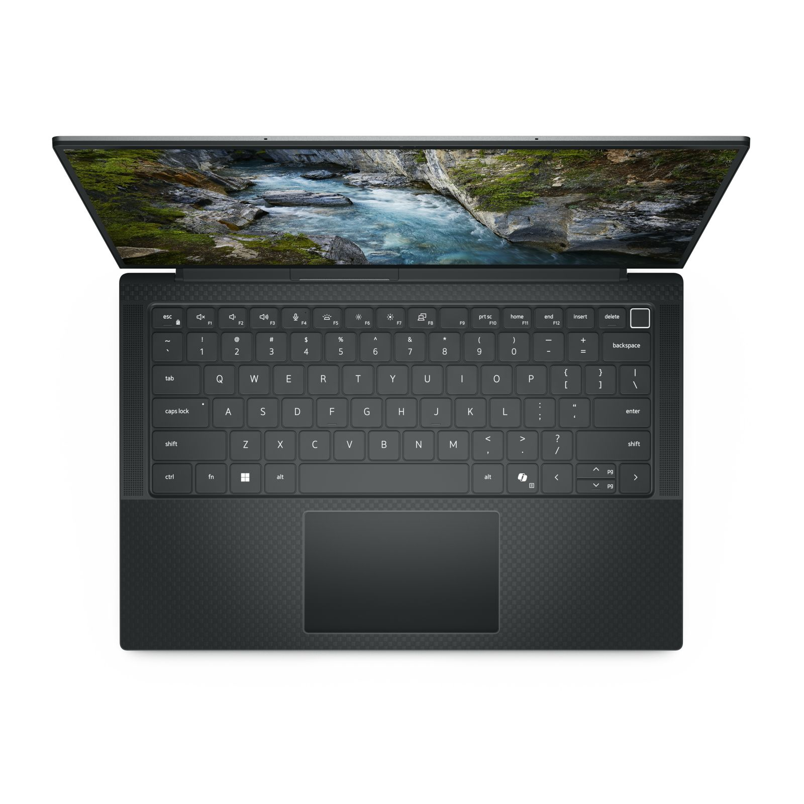 Laptop z ekranem pokazującym scenę rzeczną. Klawiatura jest widoczna, z oznaczonymi klawiszami.