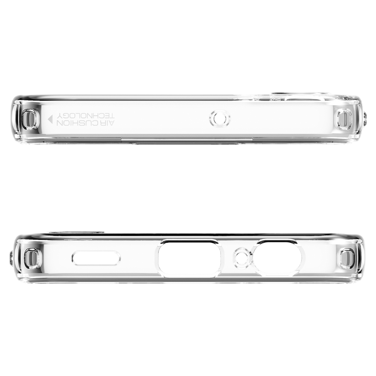 Coque de téléphone transparente. Les vues supérieure et inférieure montrent des découpes pour les boutons, le port de charge et les haut-parleurs.