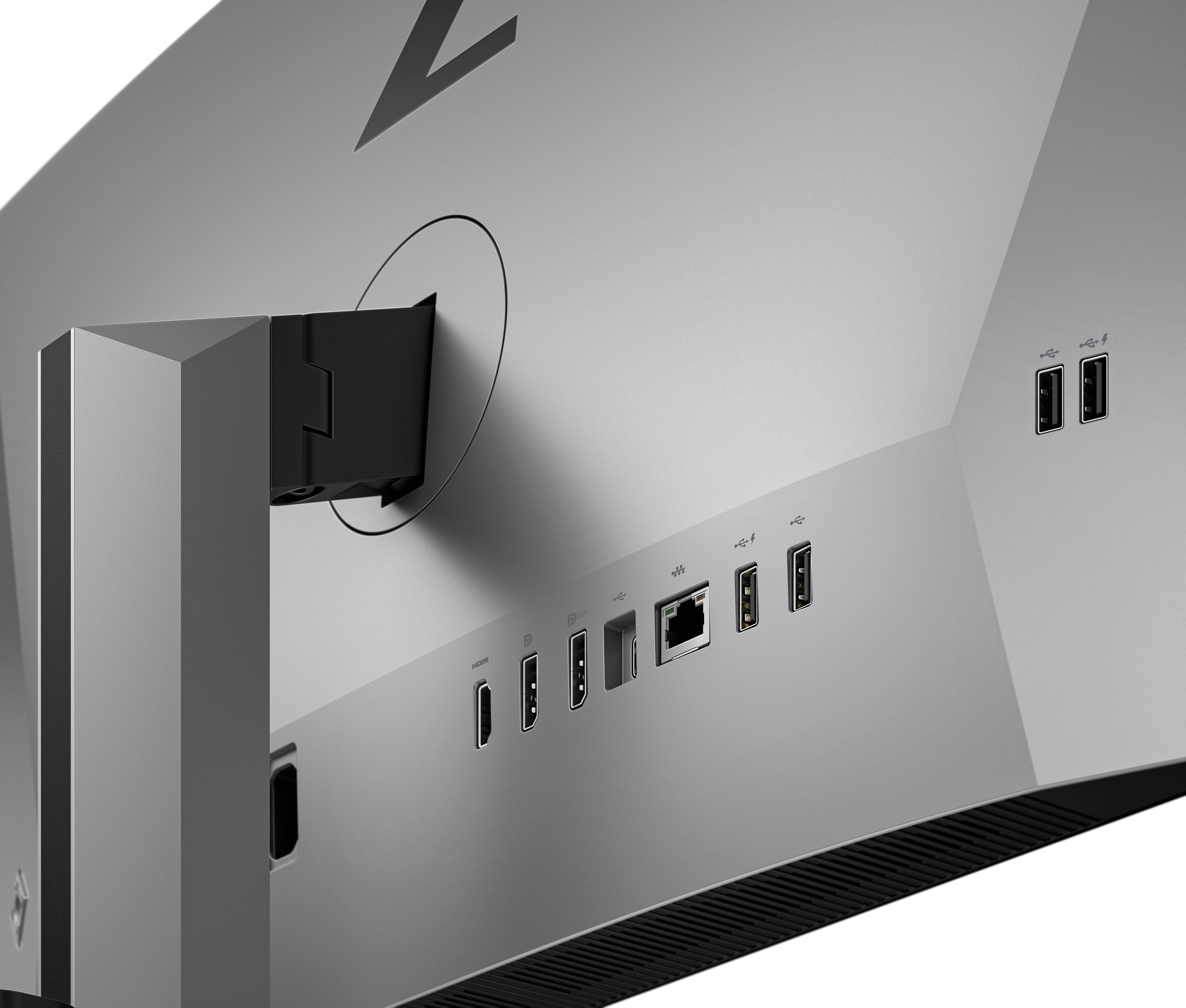 Zbliżenie na tył monitora z widocznymi portami, na białym tle.