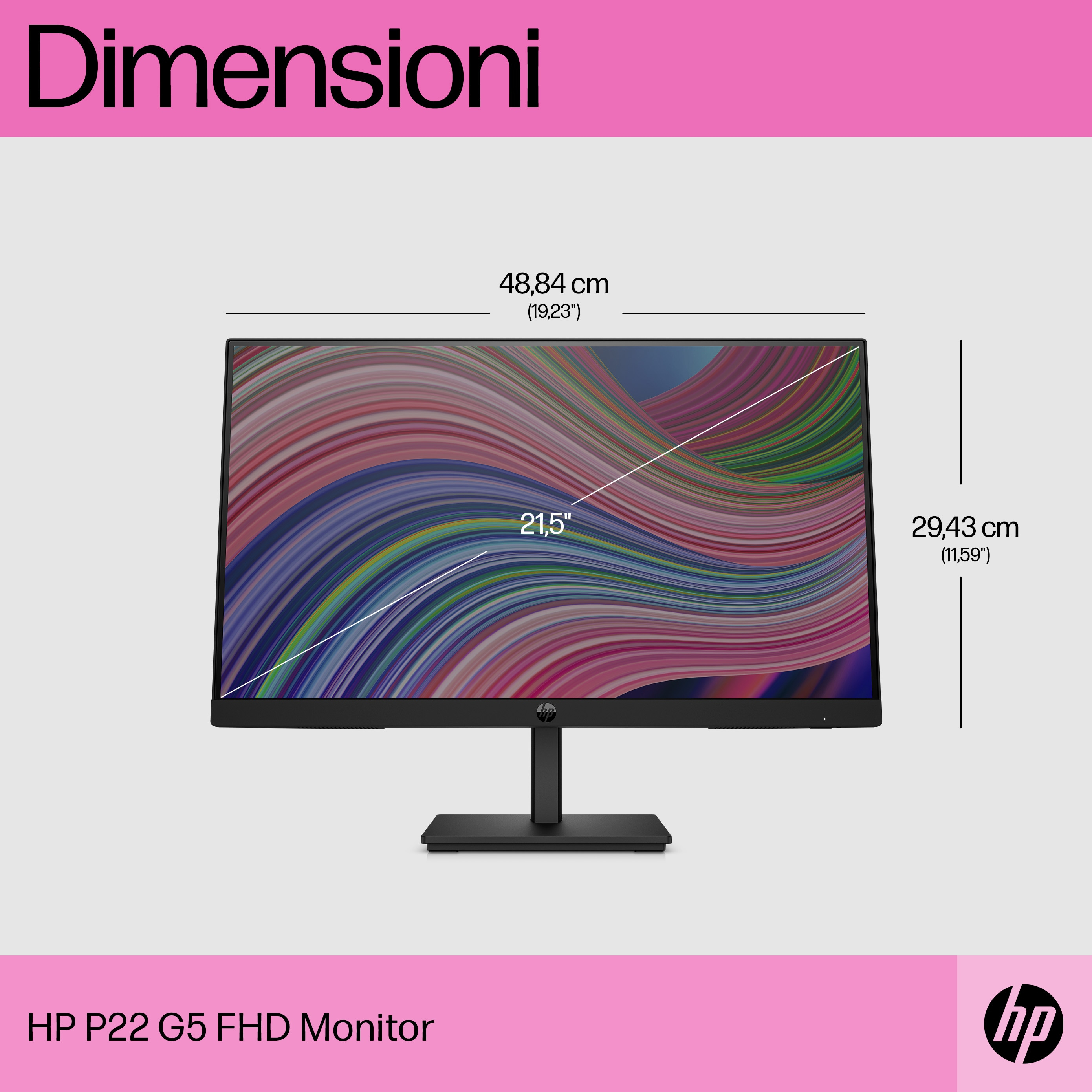 Monitor z wymiarami, 21,5 cala, z logo HP i tekstem 'HP P22 G5 FHD Monitor'.