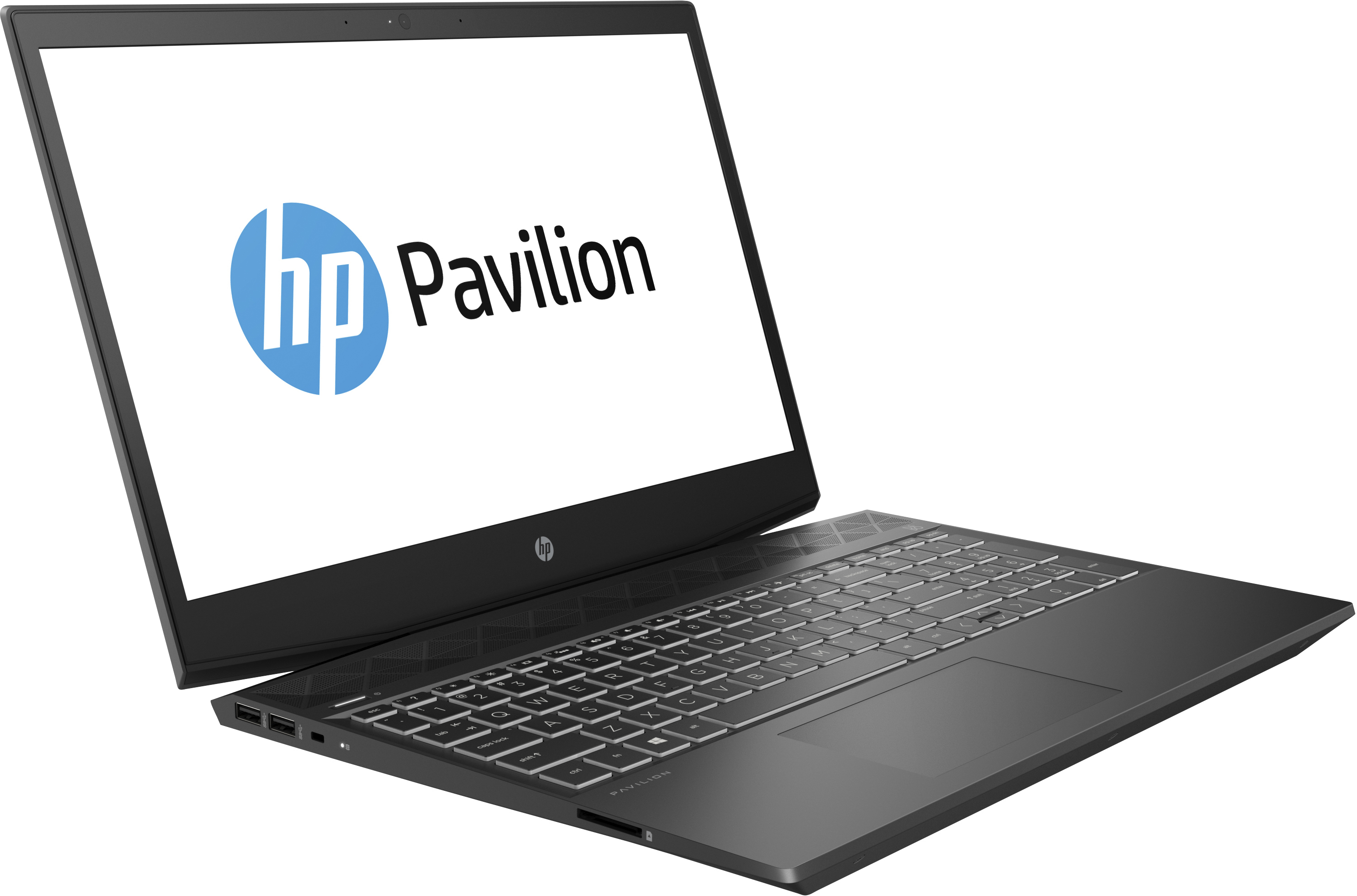 Laptop nero con il logo HP Pavilion sullo schermo. Sfondo bianco.