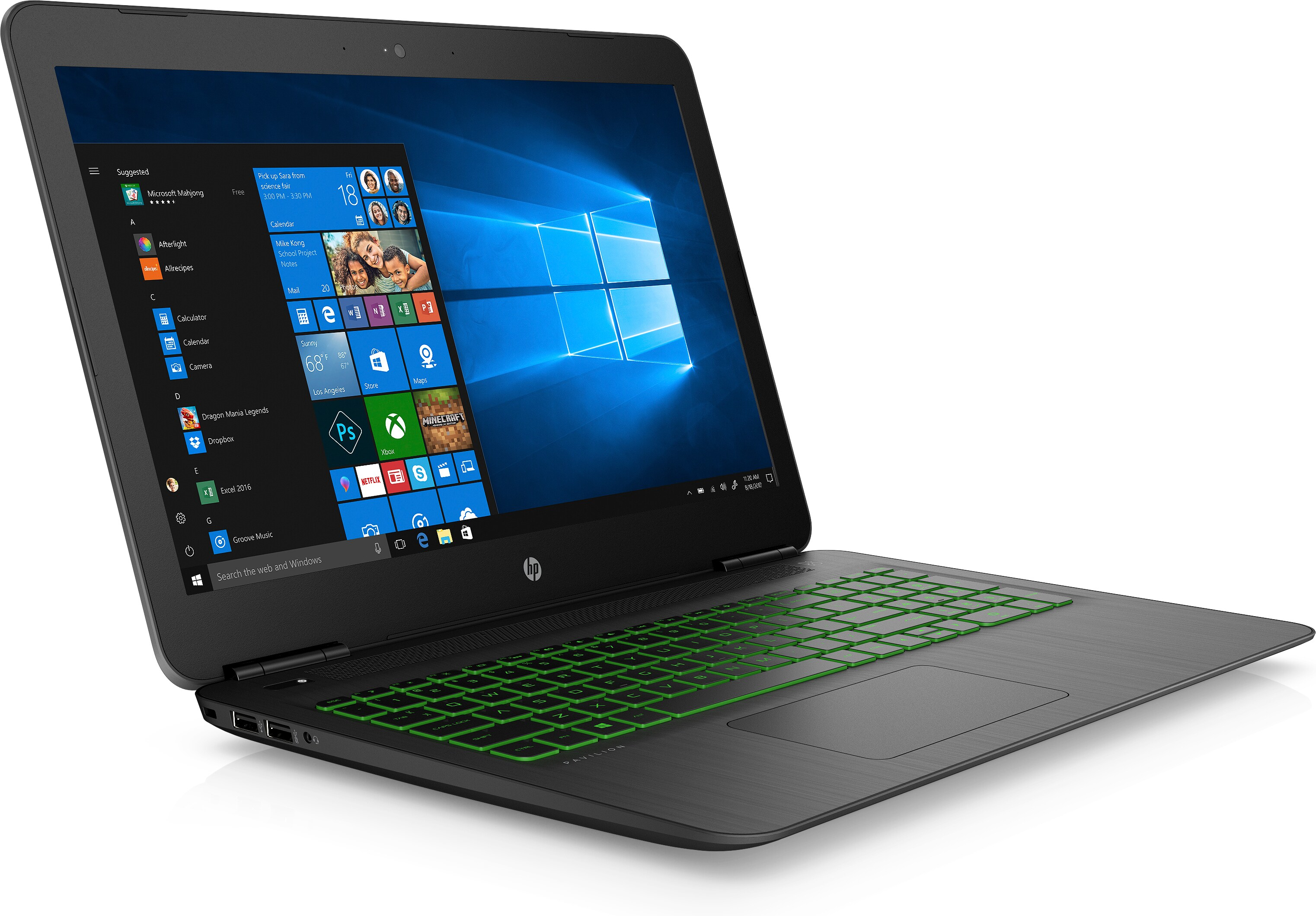 Laptop nero su una superficie bianca. La tastiera è verde e lo schermo mostra Windows.