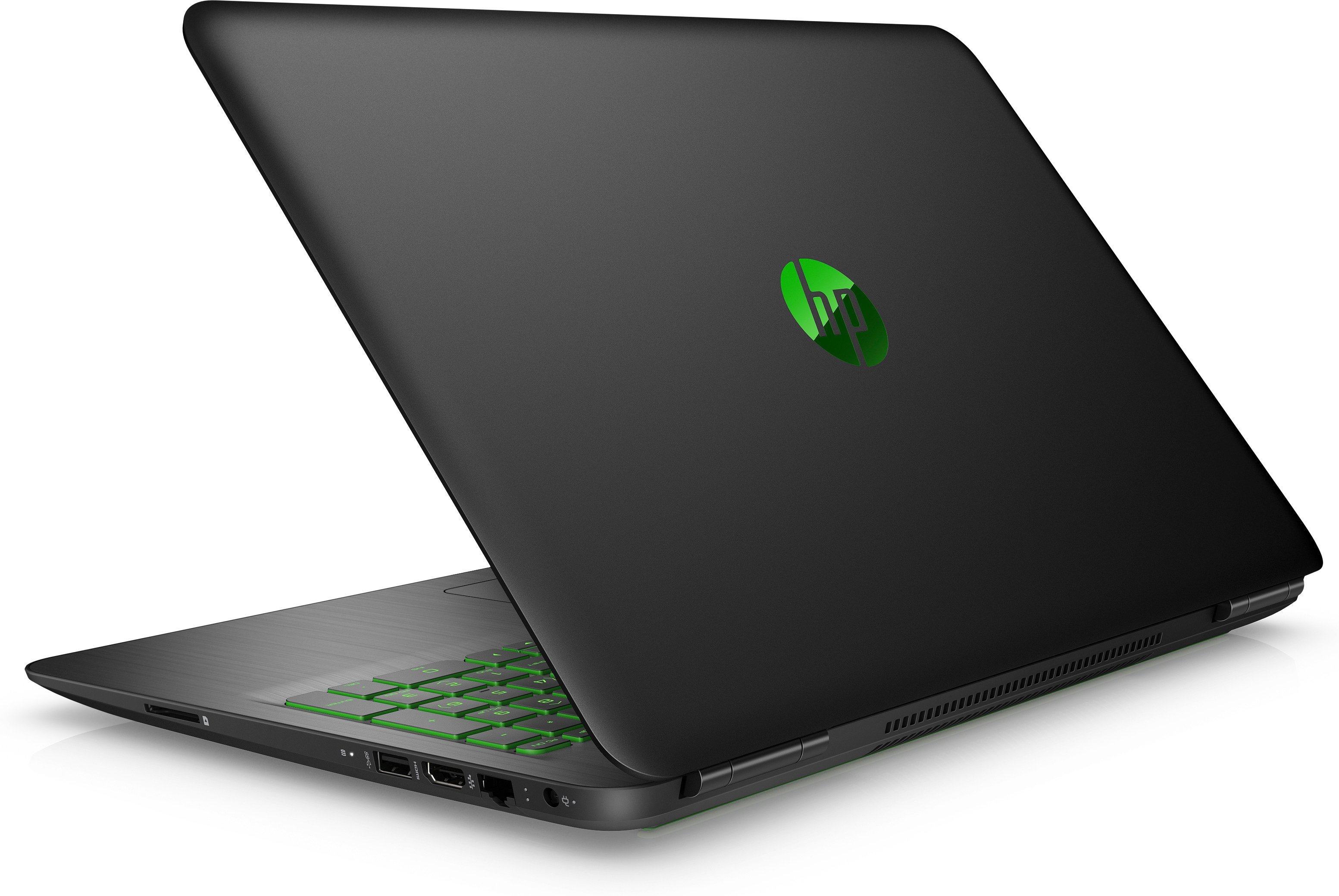 Laptop nero, tastiera verde, logo HP in alto, vista angolata.