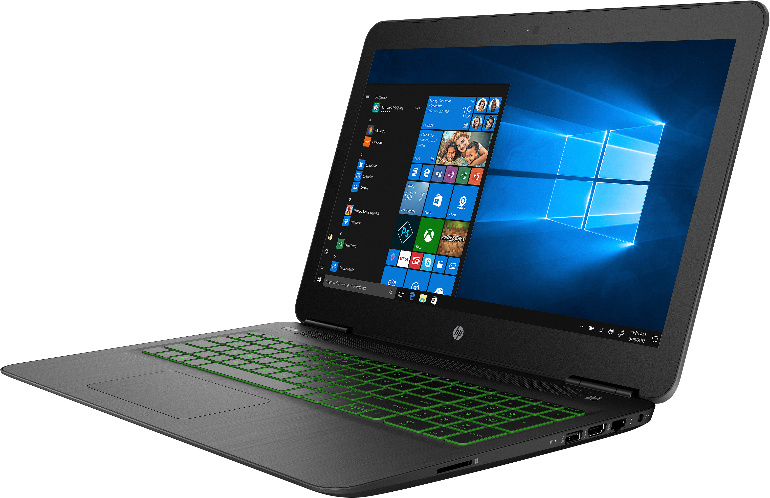 Laptop nero e verde, aperto, che mostra lo schermo e la tastiera. Vista angolata.