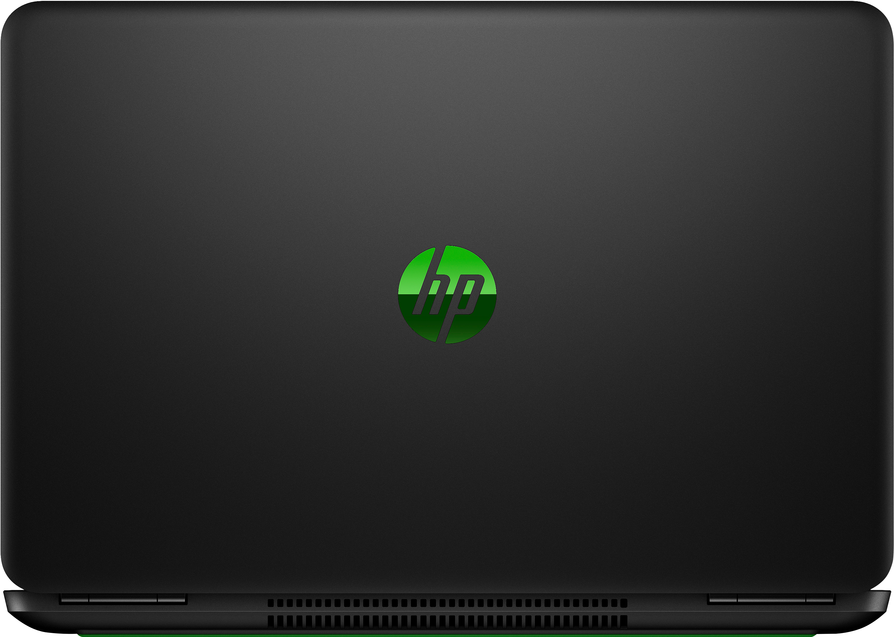 Laptop nero con logo HP verde. Lo sfondo è nero.