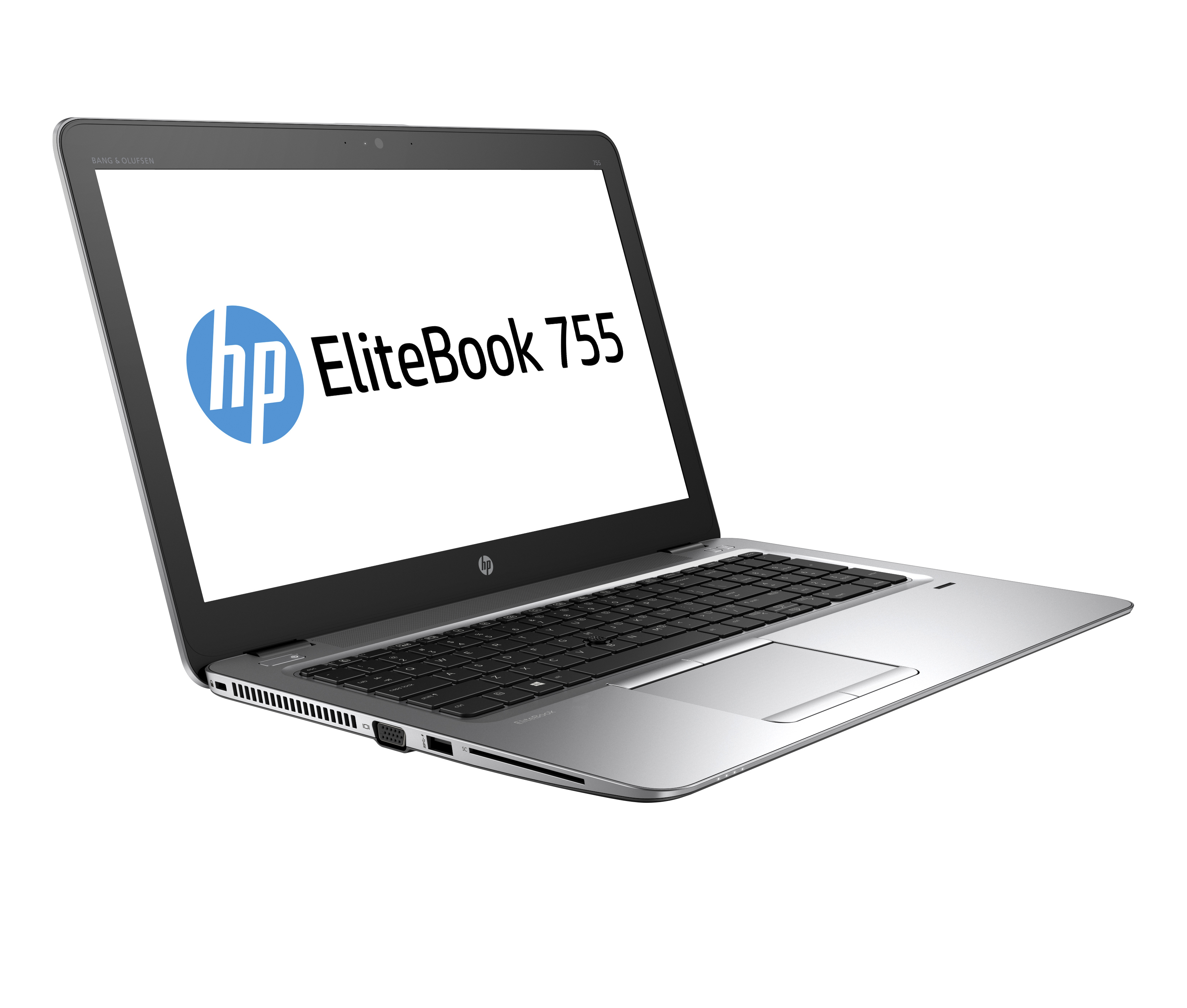 Laptop argento con schermo bianco che mostra 'hp EliteBook 755' e il logo HP.