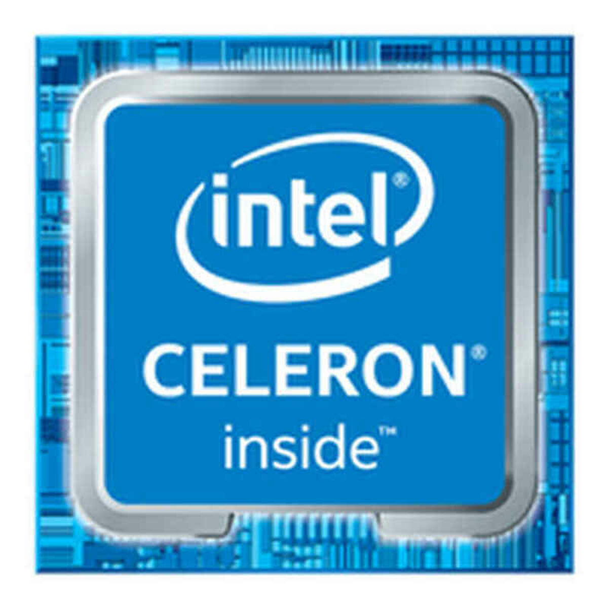Logo procesora Intel Celeron. Niebieskie tło ze srebrną obwódką.