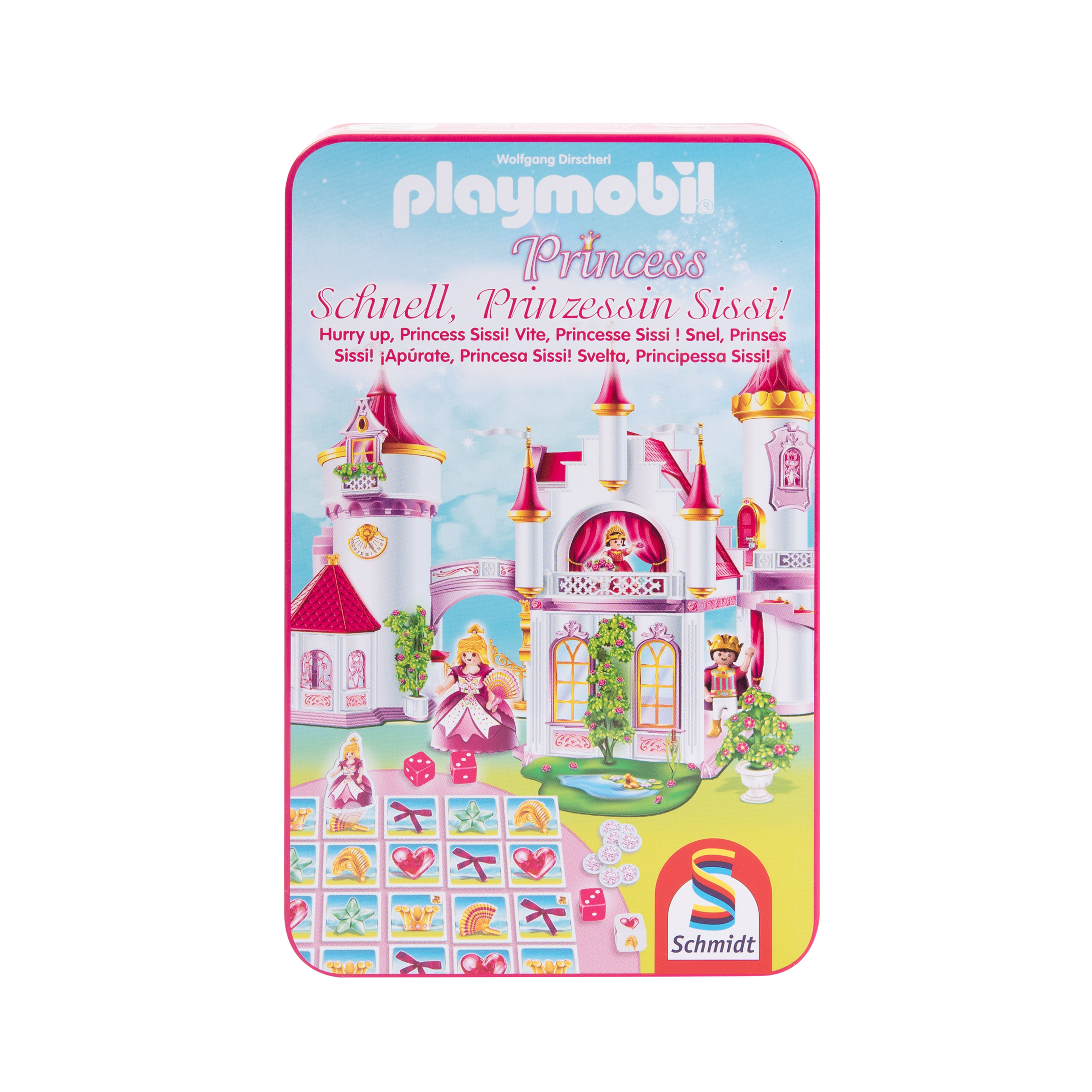 Ein Playmobil Princess Spiel in einer Blechdose, mit Schloss und Spielelementen.