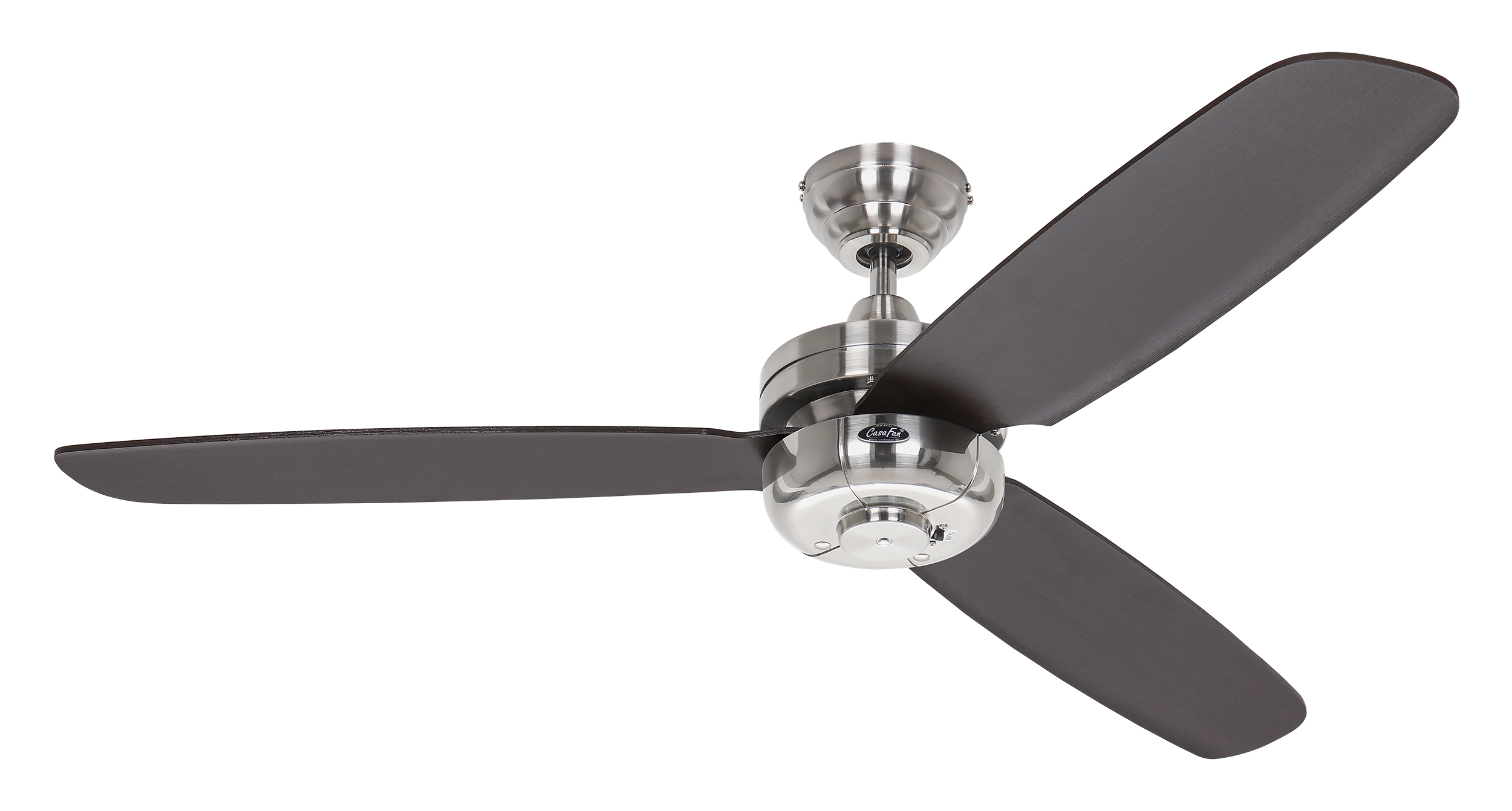 Ventilatore da soffitto con tre pale marrone scuro e alloggiamento motore argentato, sfondo bianco.