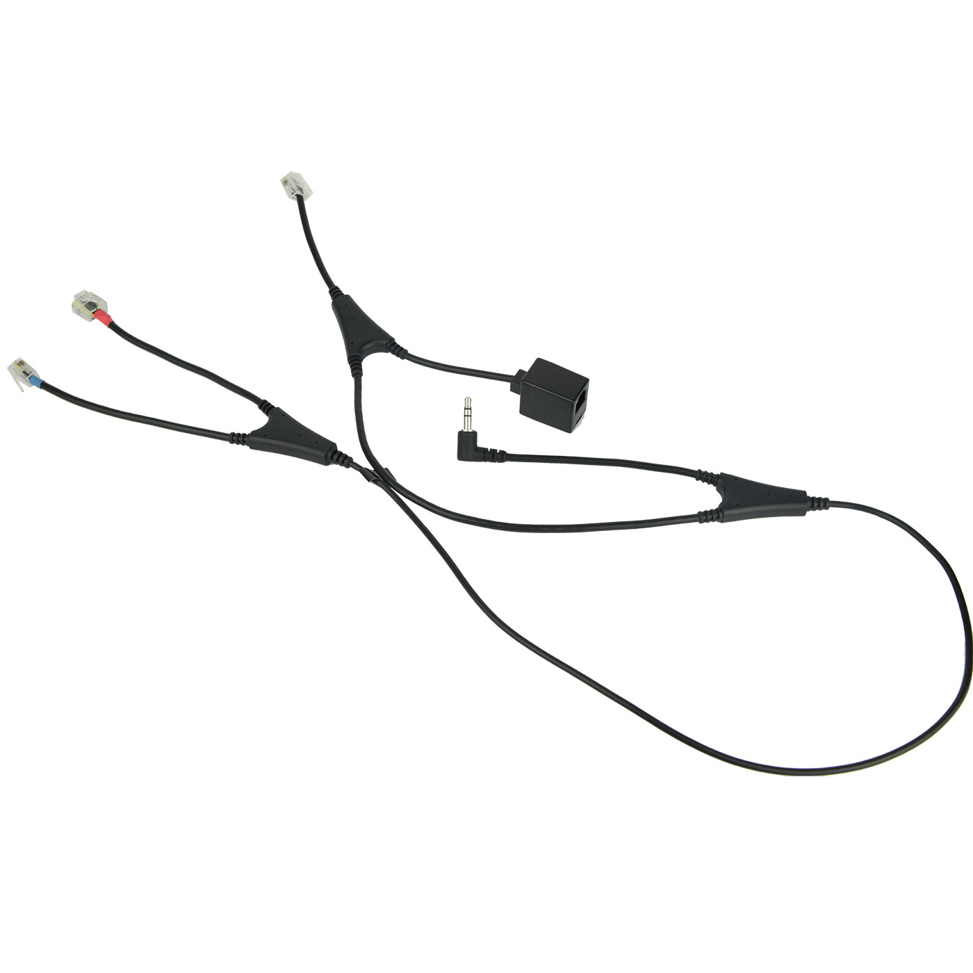 Cable negro con conectores. Tres conectores RJ45 y un jack de 3,5 mm.
