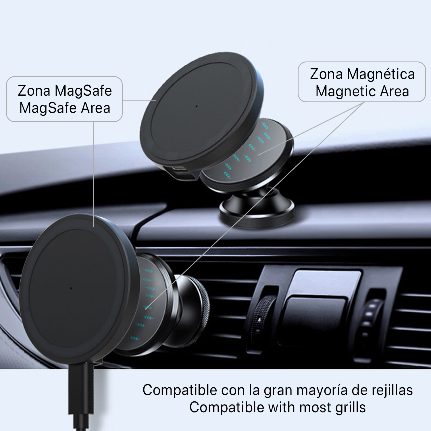 Un supporto per telefono per auto con zone magnetiche, frecce e testo su sfondo interno auto.