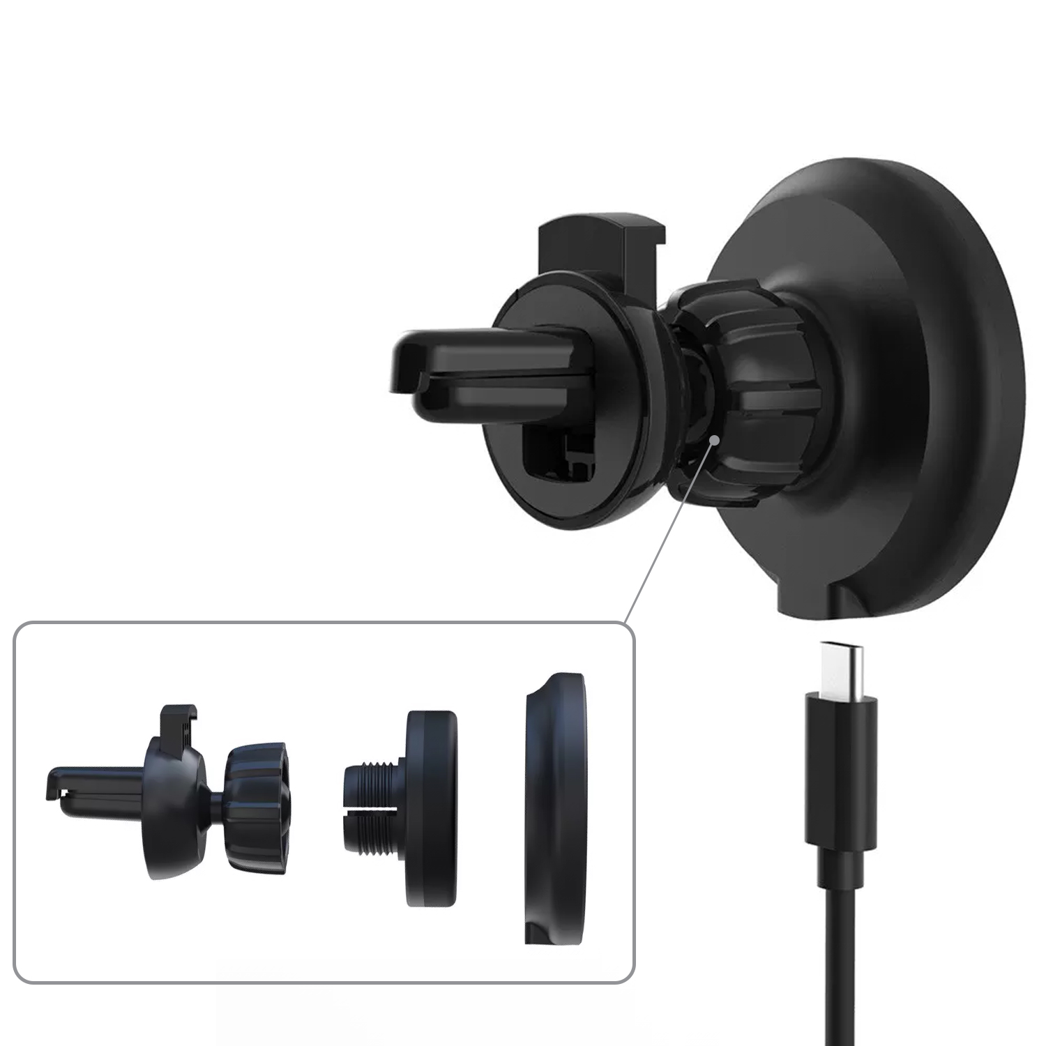 Supporto nero per telefono da auto, con parti e cavo USB-C. Sfondo bianco.