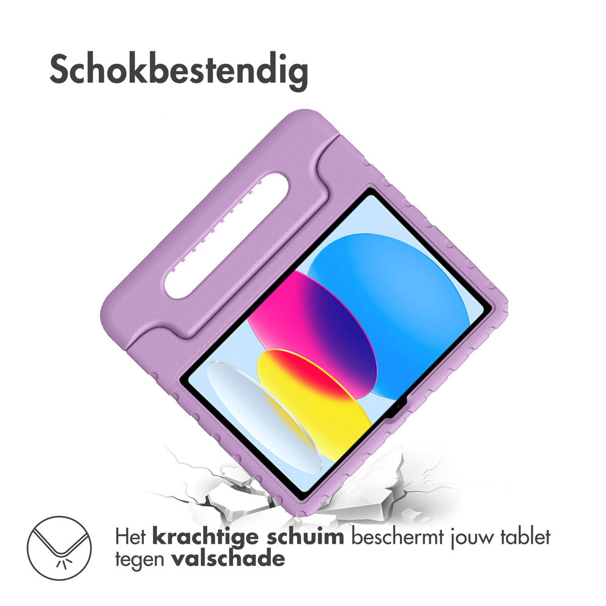 Purple tablet case with a handle. The tablet is on a cracked surface.