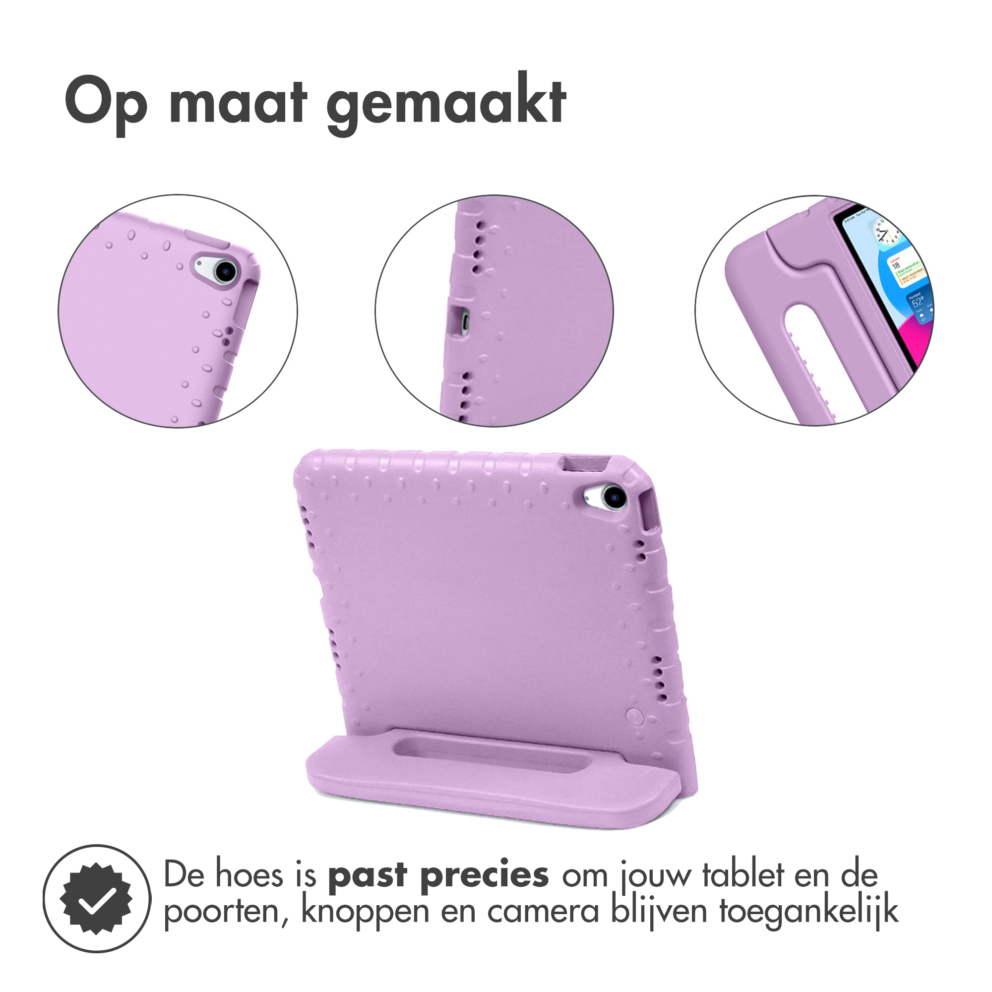 Purple tablet case with stand. The case has cutouts for the ports and camera.