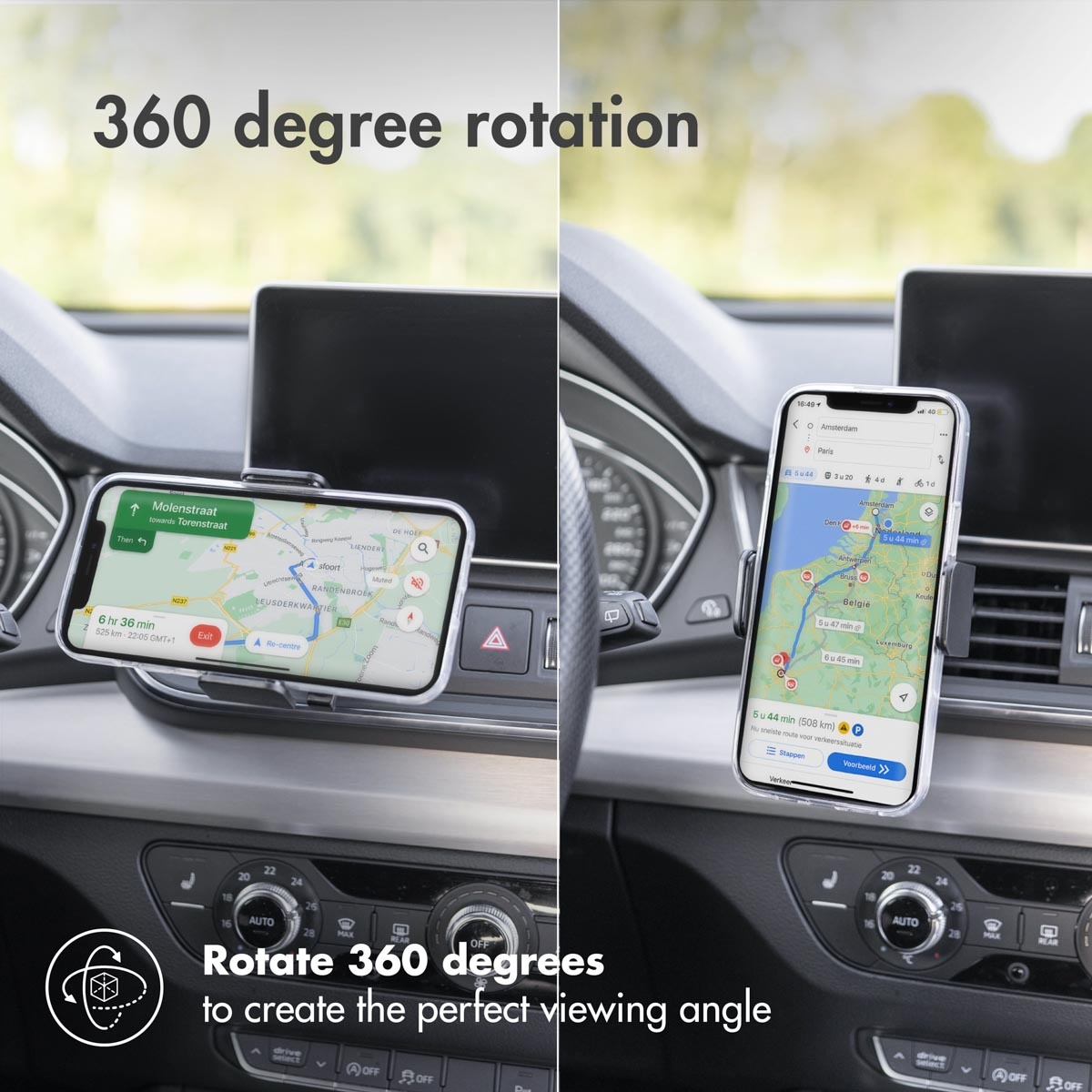 A phone in a car mount is rotated 360 degrees, displaying navigation maps.