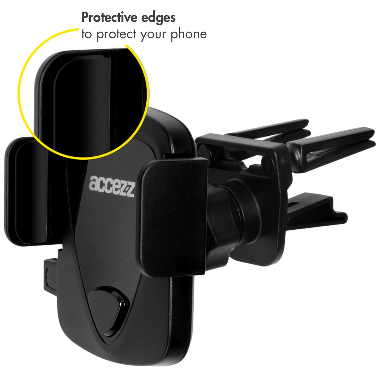 Black car phone mount. The phone mount is for the air vent. Acczezz logo is visible.
