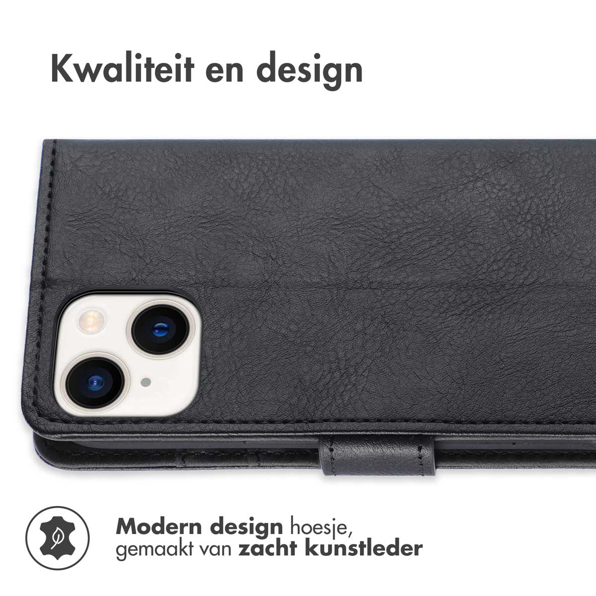 Zwarte telefoonhoes met een camera-uitsparing. De hoes is gesloten en toont de voorklep. Tekst: Modern design.