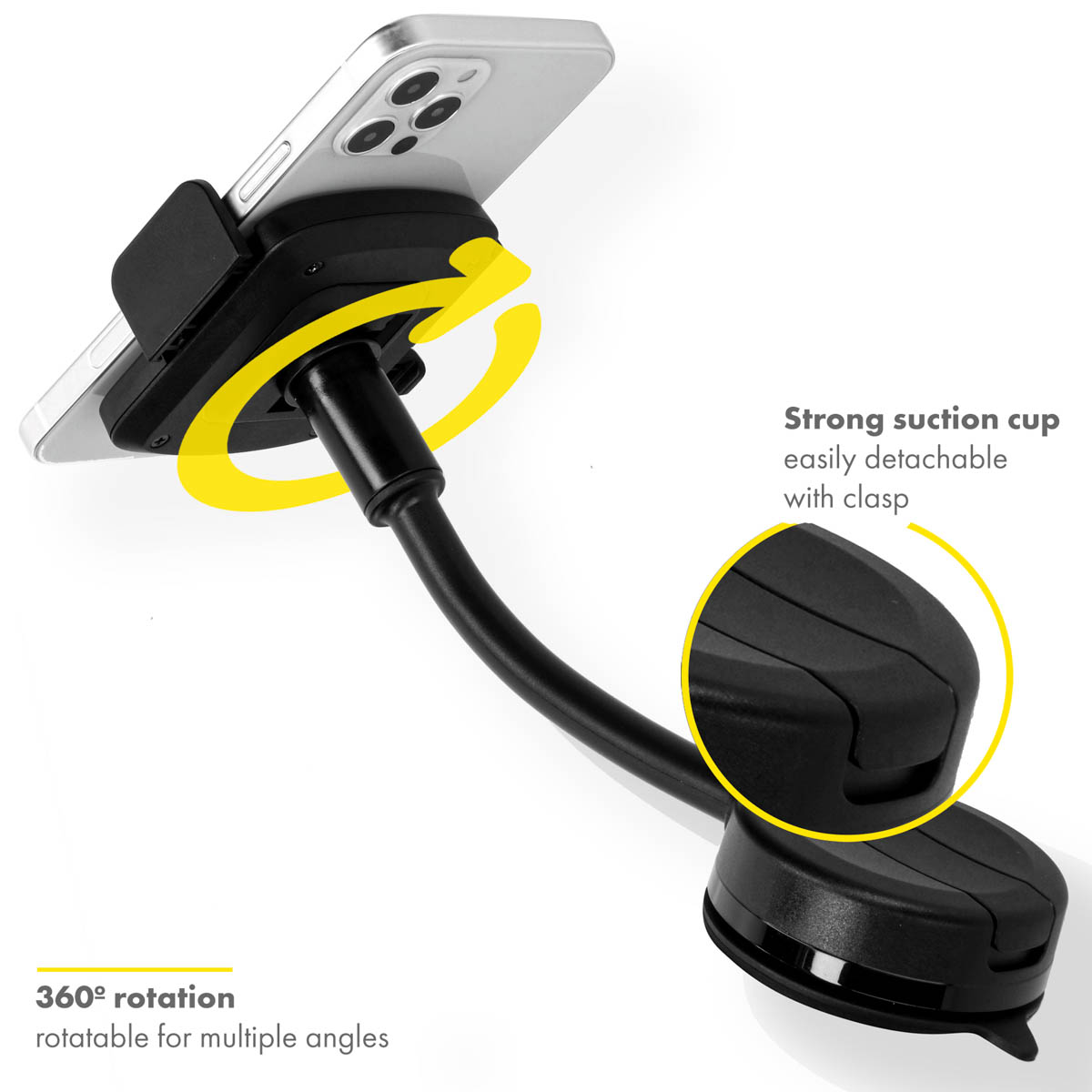 Black car phone holder with a flexible neck and a suction cup. A phone is mounted. Text says '360° rotation'.