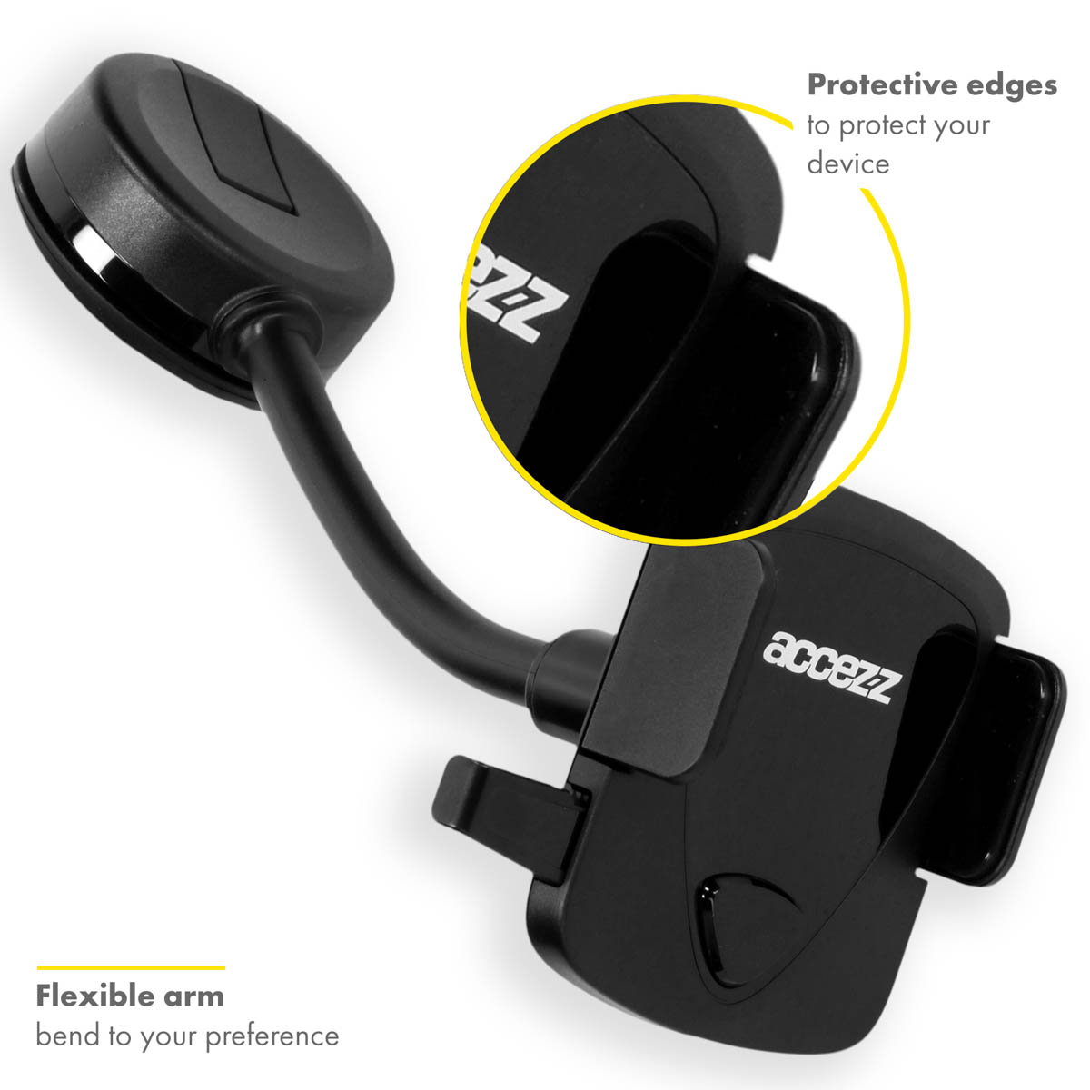Black car phone holder. It has a flexible arm and a suction cup. The phone is in the holder.