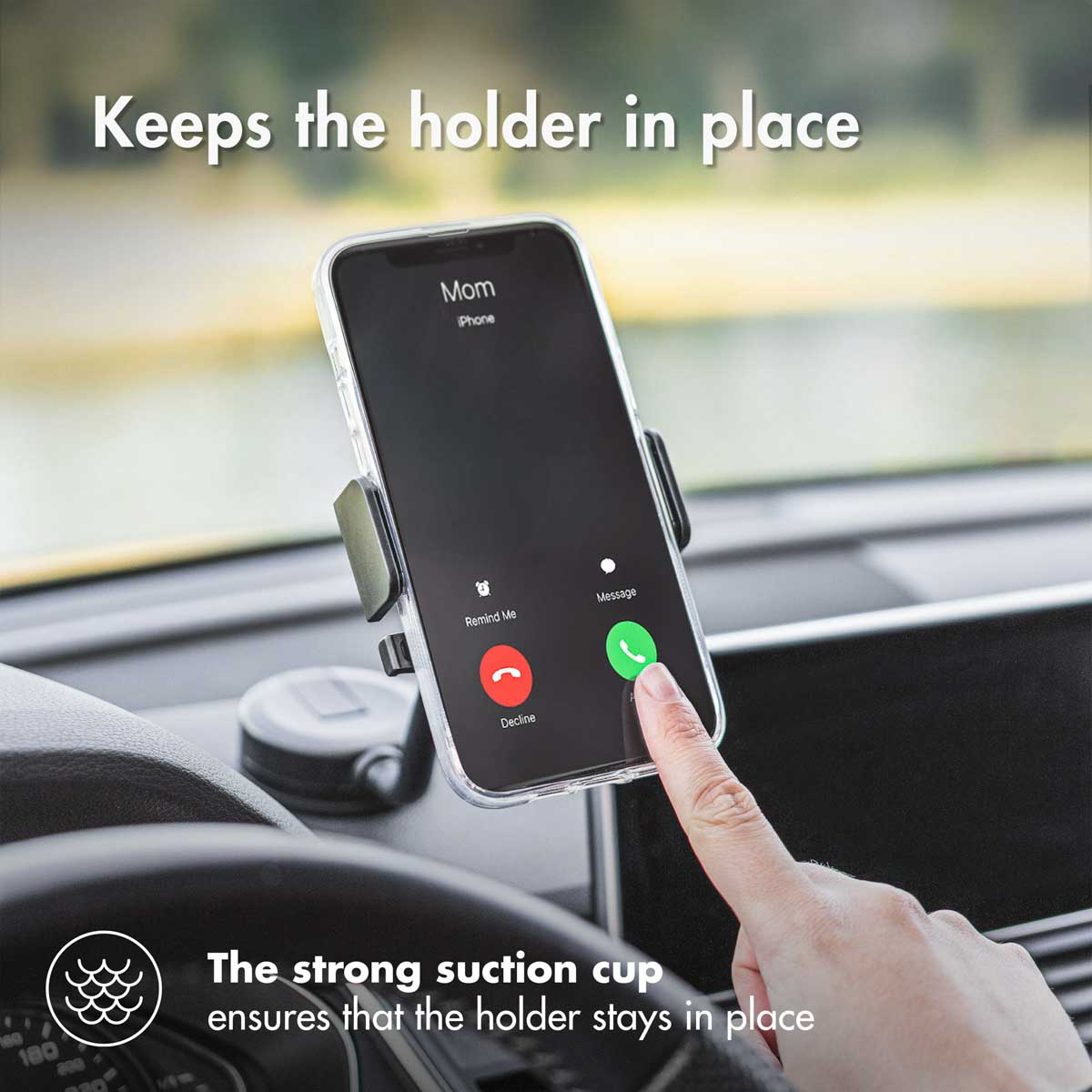 A phone mounted in a car with a phone call on the screen.