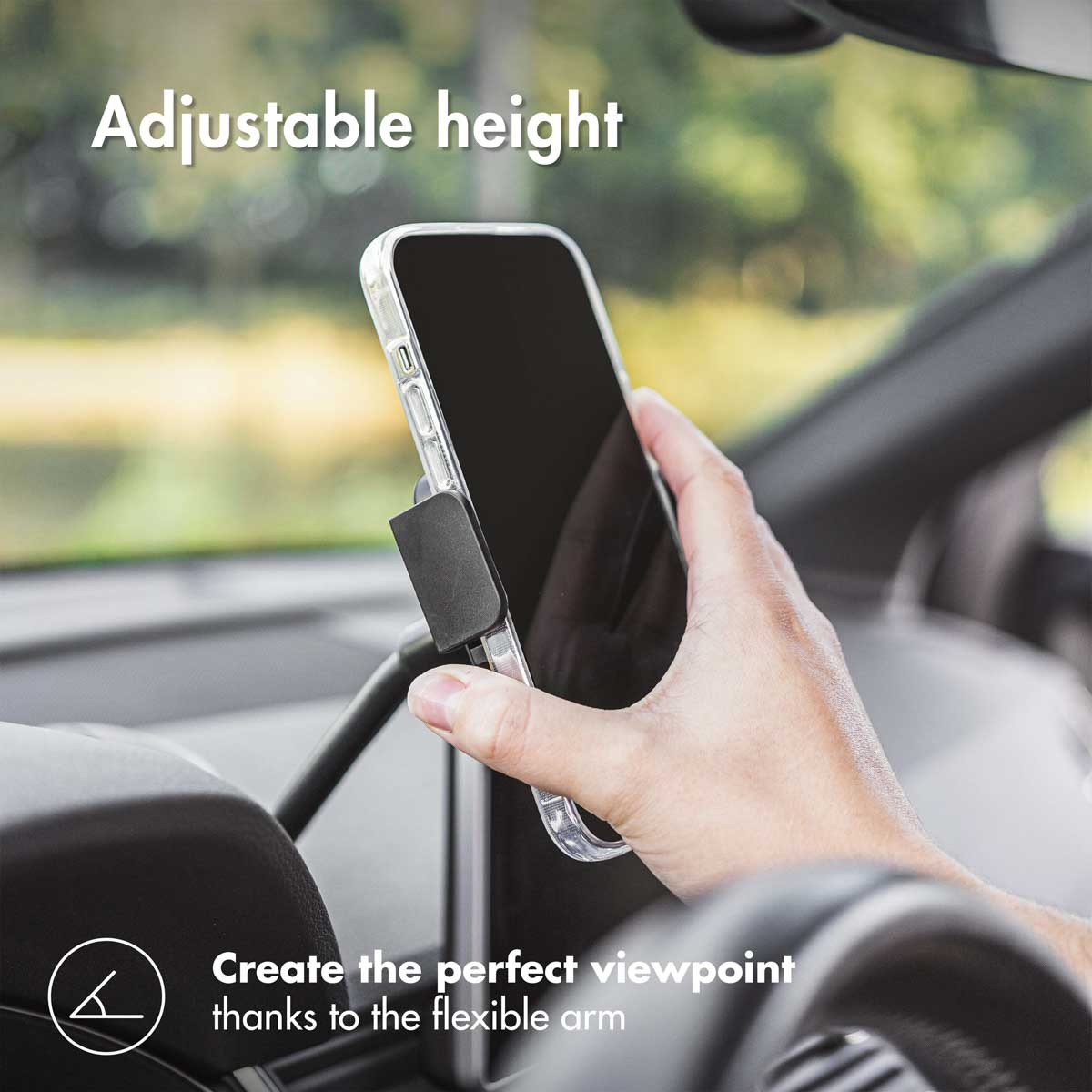 Phone in a car mount, held in a hand. Text: Adjustable height. Create the perfect viewpoint.