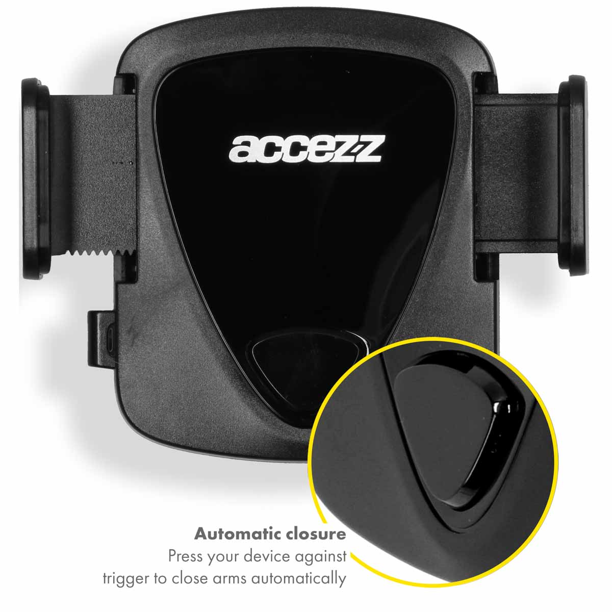 Black phone holder for car, with automatic closing system. Close up of button visible.