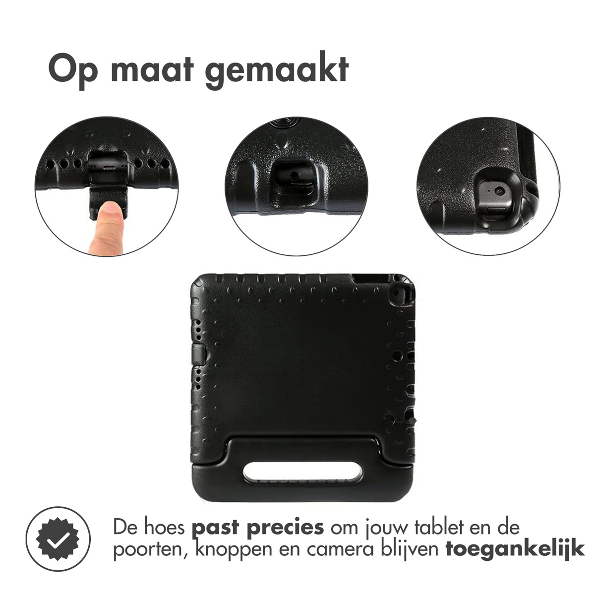 Coque de tablette noire avec une poignée. L'étui s'adapte précisément à la tablette, avec les ports, les boutons et l'appareil photo accessibles.
