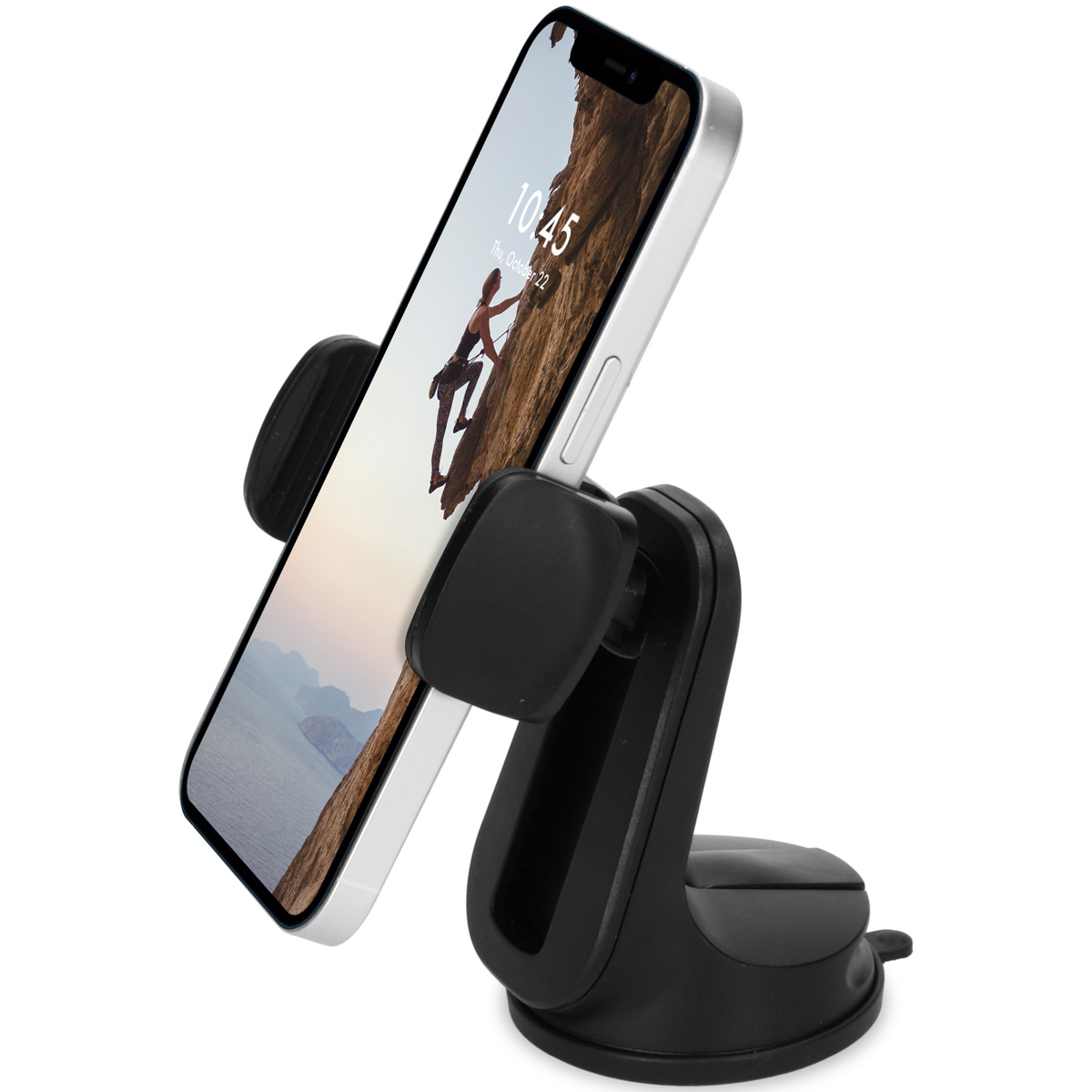 Een telefoon in een zwarte autohouder. De telefoon toont een foto van een klimmer.