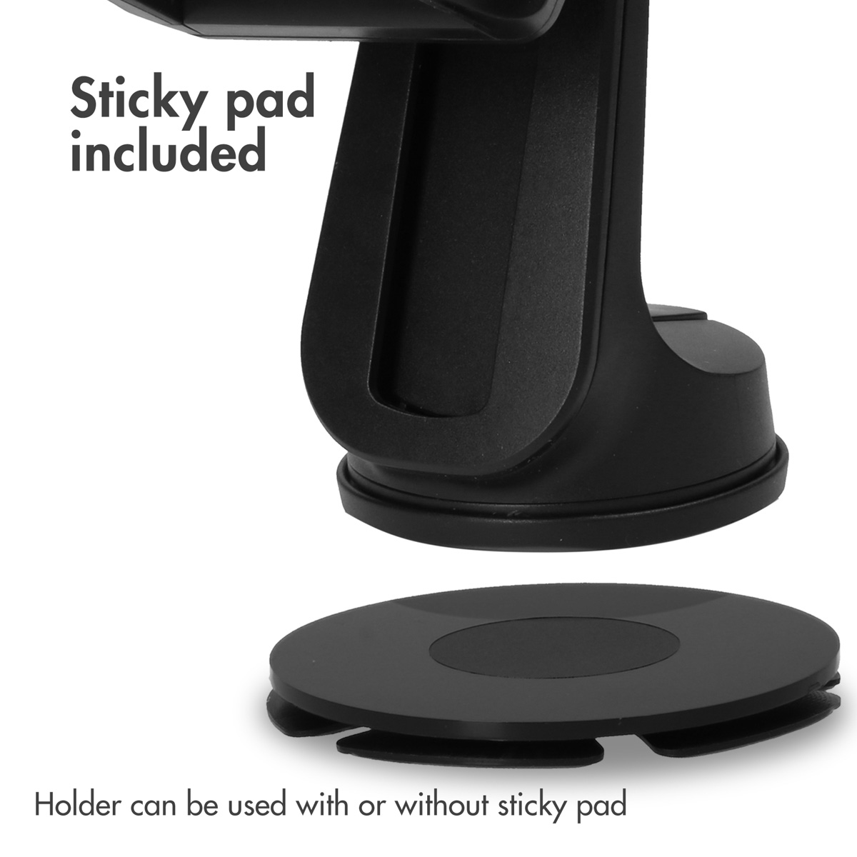 Zwarte telefoonhouder voor auto met kleefpad. Tekst: Kleefpad inbegrepen.