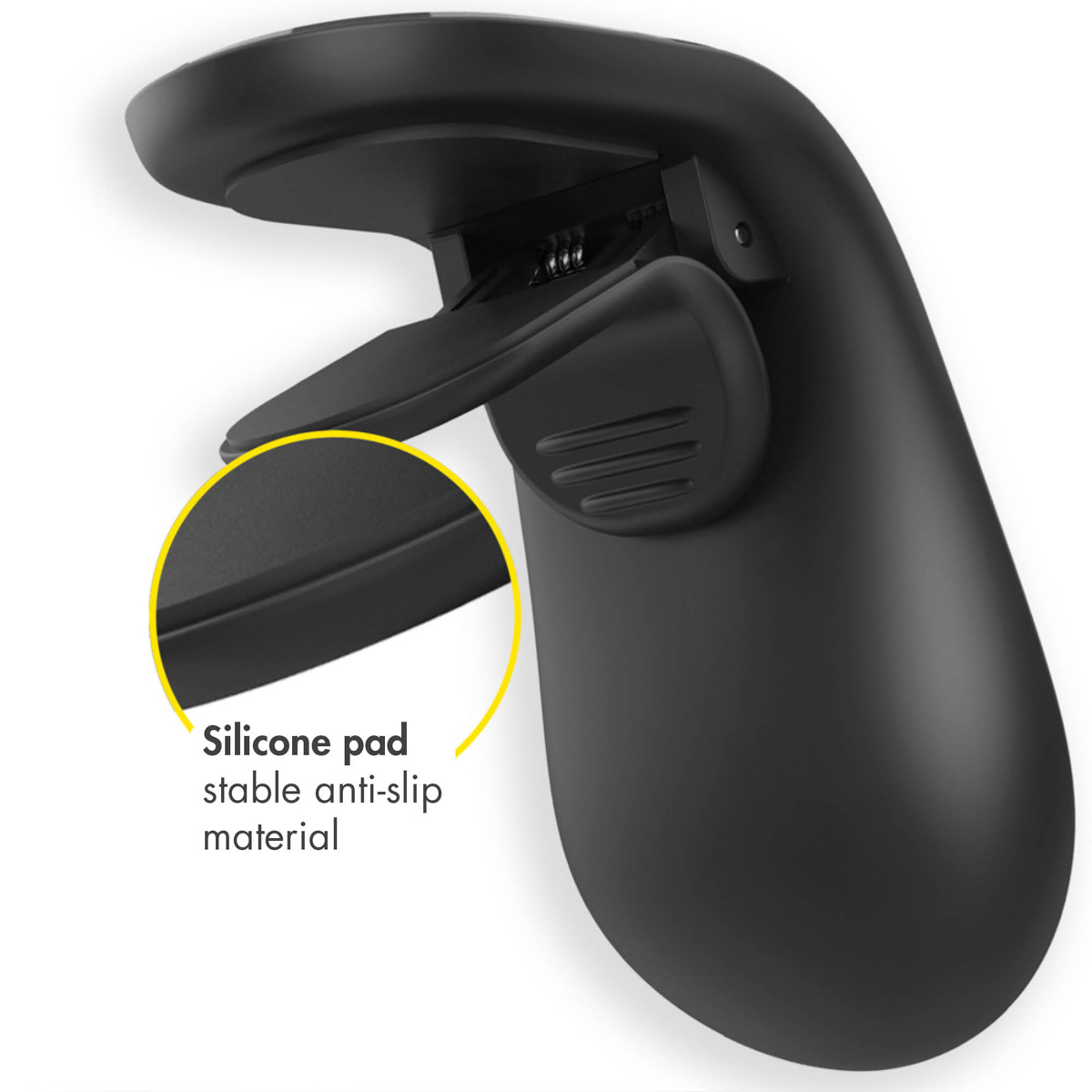 Zwart telefoonaccessoire met close-up van siliconen pad. Antislipmateriaal zichtbaar.