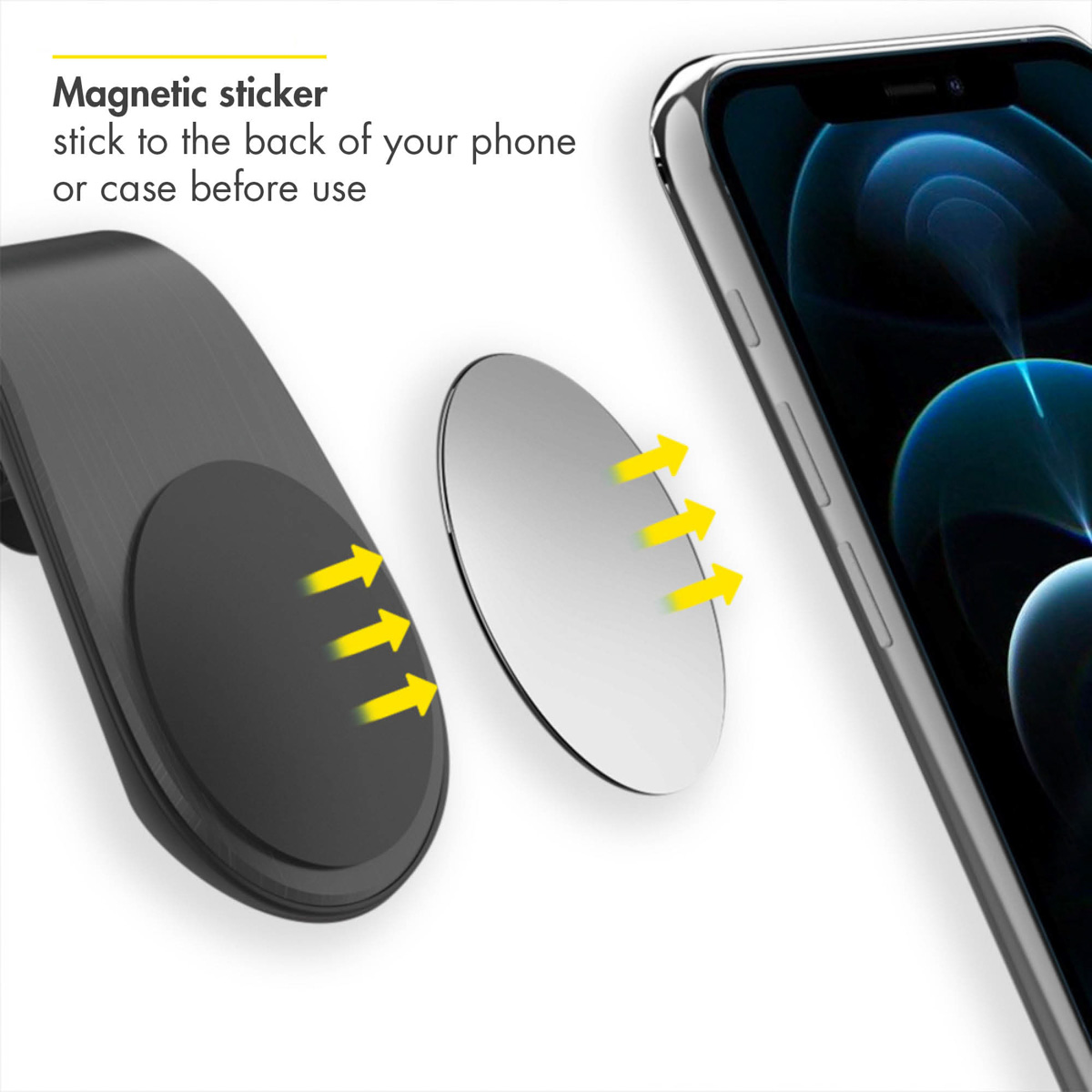 Een telefoon met een magnetische sticker en een magnetische houder.