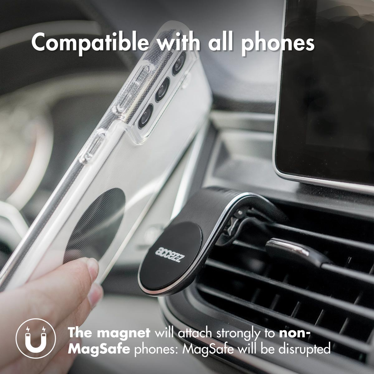 Telefoonhoesje met telefoon erin, naast een auto ventilatiehouder met een magneet.
